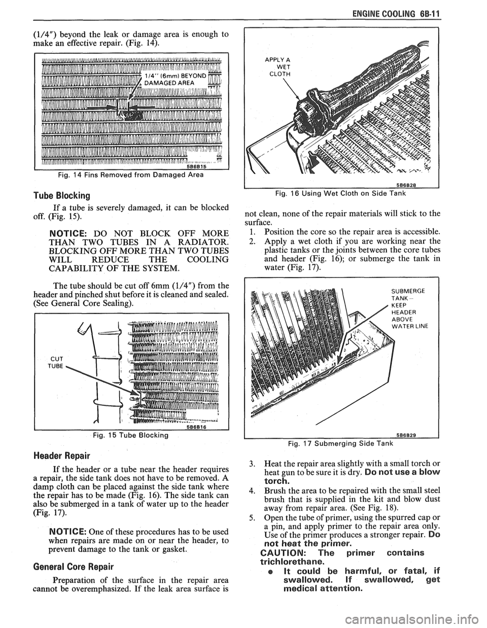 PONTIAC FIERO 1988 Service Repair Manual
(1/4") beyond the leak or damage area is enough to
make an effective repair. (Fig. 14).
d""U,"
Fig. 14 Fins Removed from Damaged Area
Tube Blocking
If a tube is severely damaged, PONTIAC FIERO 1988 Service Repair Manual
(1/4") beyond the leak or damage area is enough to
make an effective repair. (Fig. 14).
d""U,"
Fig. 14 Fins Removed from Damaged Area
Tube Blocking
If a tube is severely damaged,