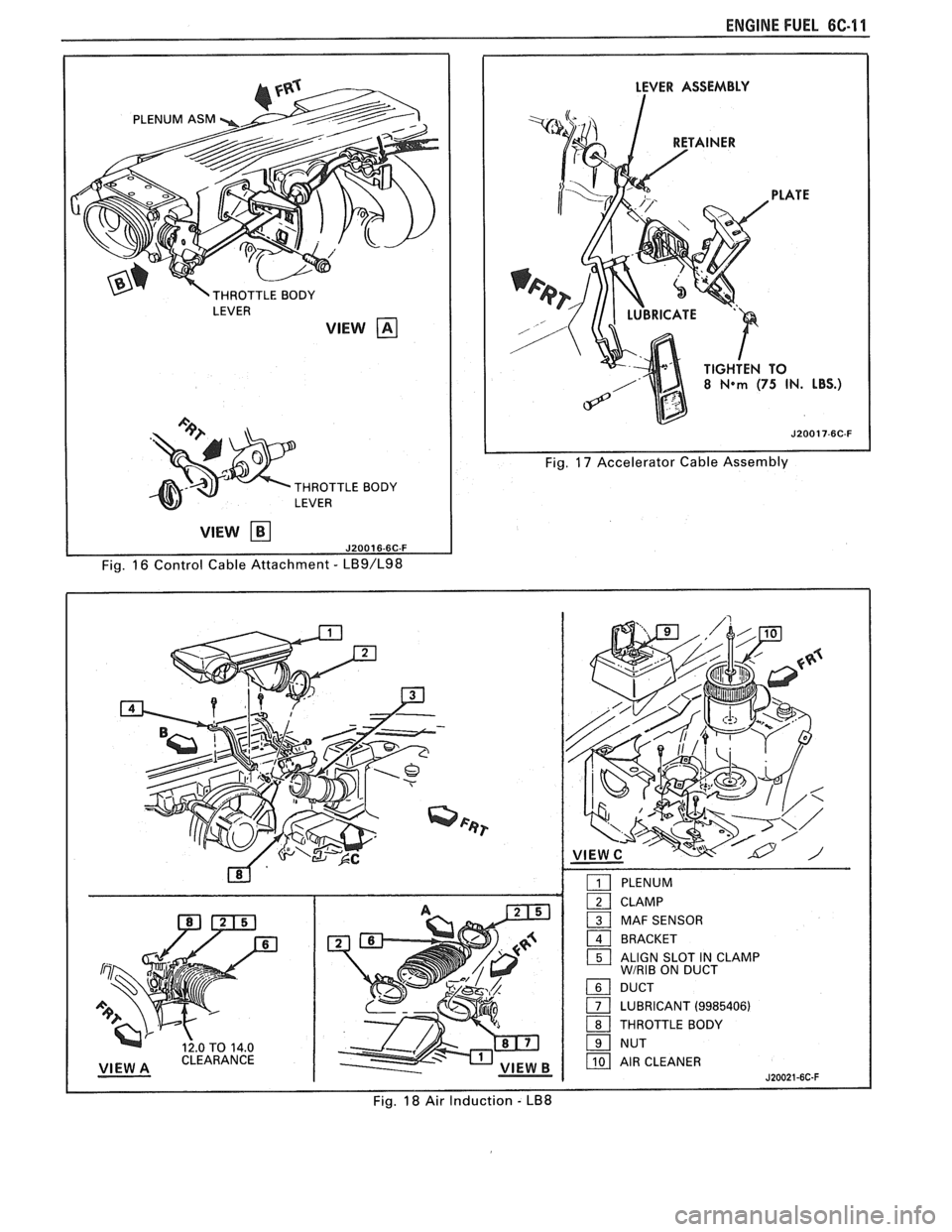 PONTIAC FIERO 1988 Service Repair Manual
ENGINE FUEL 6C-11
LEVER
VlEW
THROTTLE BODY
LEVER
VlEW kl
Fig. 16 Control Cable Attachment - LB9/L98
LEVER ASSEMBLY
Fig. 17 Accelerator Cable Assembly
Fig.
18 Air Induction - LB8 PONTIAC FIERO 1988 Service Repair Manual
ENGINE FUEL 6C-11
LEVER
VlEW
THROTTLE BODY
LEVER
VlEW kl
Fig. 16 Control Cable Attachment - LB9/L98
LEVER ASSEMBLY
Fig. 17 Accelerator Cable Assembly
Fig.
18 Air Induction - LB8