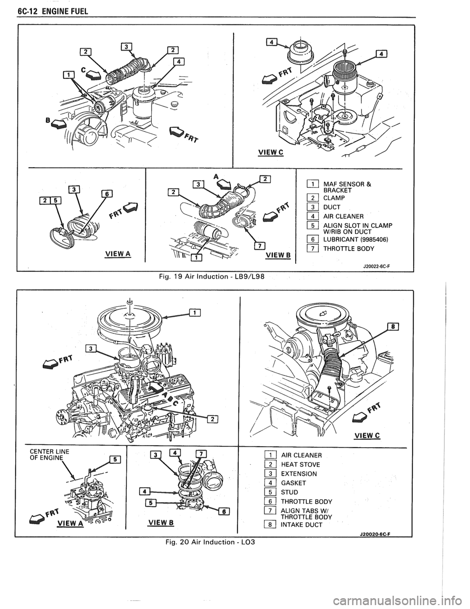 PONTIAC FIERO 1988  Service Repair Manual 
6C-12 ENGINE FUEL 
VIEW A 
MAF SENSOR & 
:~~~T 
I3] DUCT 
1 AIR  CLEANER 
1 ALIGN  SLOT IN CLAMP WIRIB ON DUCT 
LUBRICANT 
(9985406) 
1 THROTTLE  BODY 
Fig. 19 Air  lnduction - LB9/L98 
Fig. 20 Air  