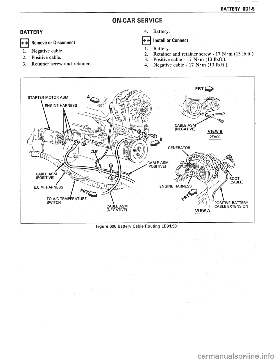 PONTIAC FIERO 1988 Service Repair Manual
BATTERY 6D1-5
ON-CAR SERVICE
BATTERY
Remove or Disconnect
1. Negative cable.
2. Positive cable.
3. Retainer screw and retainer.
4. Battery.
Install or Connect
1. Battery.
2. Retainer PONTIAC FIERO 1988 Service Repair Manual
BATTERY 6D1-5
ON-CAR SERVICE
BATTERY
Remove or Disconnect
1. Negative cable.
2. Positive cable.
3. Retainer screw and retainer.
4. Battery.
Install or Connect
1. Battery.
2. Retainer