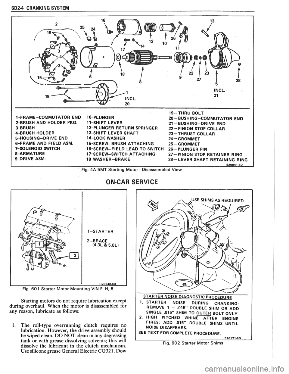 PONTIAC FIERO 1988 Service Repair Manual
(iD2.4 CRANKING SYSTEM
1-FRAME-COMMUTATOR END
2-BRUSH AND HOLDER PKG.
3-BRUSH
4BRUSH HOLDER
5-HOUSING-DRIVE END
6-FRAME AND FIELD ASM.
7-SOLENOID SWITCH
8-ARMATURE
9-DRIVE ASM. 10-P PONTIAC FIERO 1988 Service Repair Manual
(iD2.4 CRANKING SYSTEM
1-FRAME-COMMUTATOR END
2-BRUSH AND HOLDER PKG.
3-BRUSH
4BRUSH HOLDER
5-HOUSING-DRIVE END
6-FRAME AND FIELD ASM.
7-SOLENOID SWITCH
8-ARMATURE
9-DRIVE ASM. 10-P