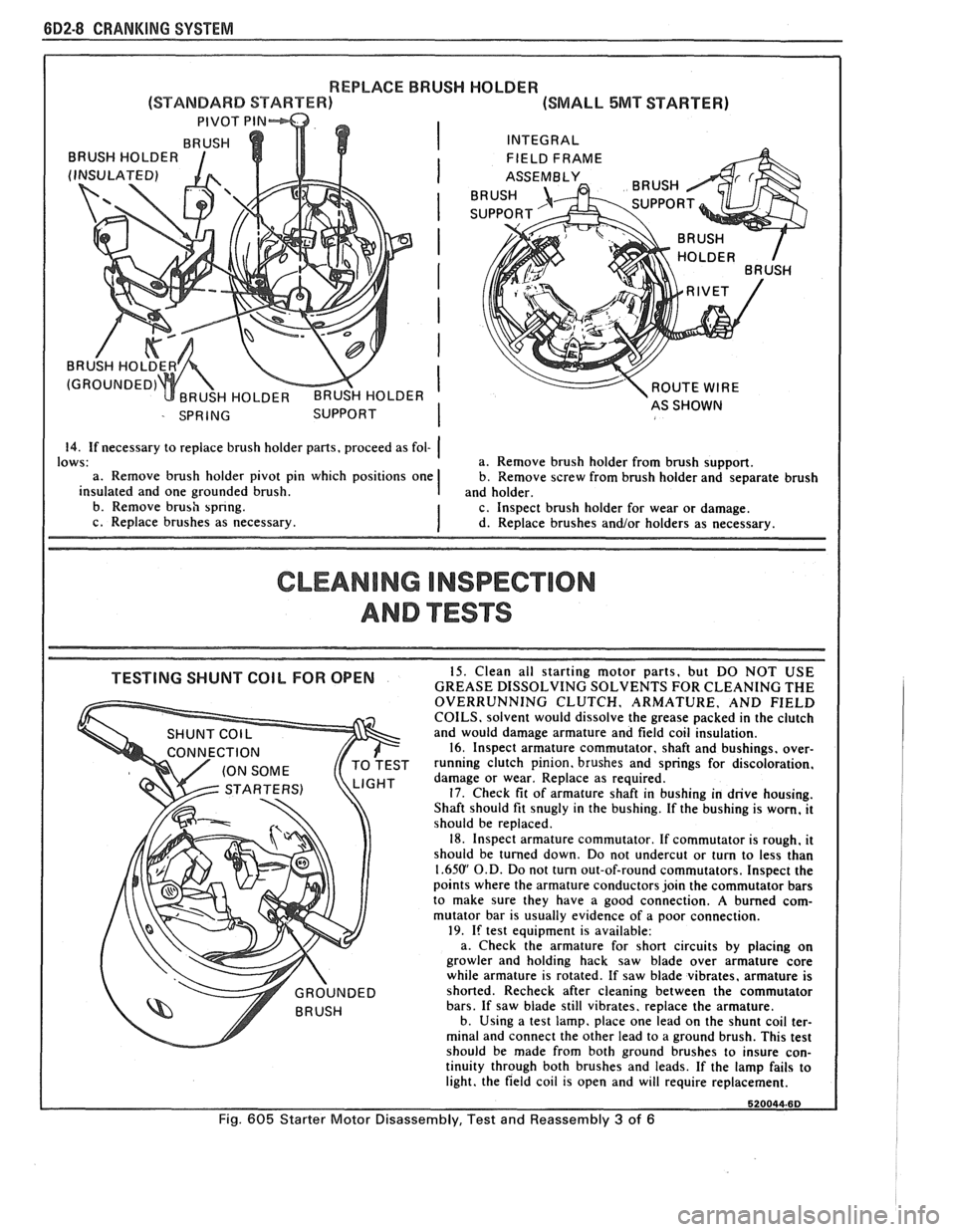 PONTIAC FIERO 1988 Service Repair Manual
682-8 CRANKING SYSTEM
REPLACE BRUSH HOLDER
(SMALL 5MT STARTER)
INTEGRAL ROUTE
WIRE
14. If necessary to replace brush holder pans, proceed as fol- (
CLEANING INSPECTION
AND ""FSTS
GHT dam PONTIAC FIERO 1988 Service Repair Manual
682-8 CRANKING SYSTEM
REPLACE BRUSH HOLDER
(SMALL 5MT STARTER)
INTEGRAL ROUTE
WIRE
14. If necessary to replace brush holder pans, proceed as fol- (
CLEANING INSPECTION
AND ""FSTS
GHT dam