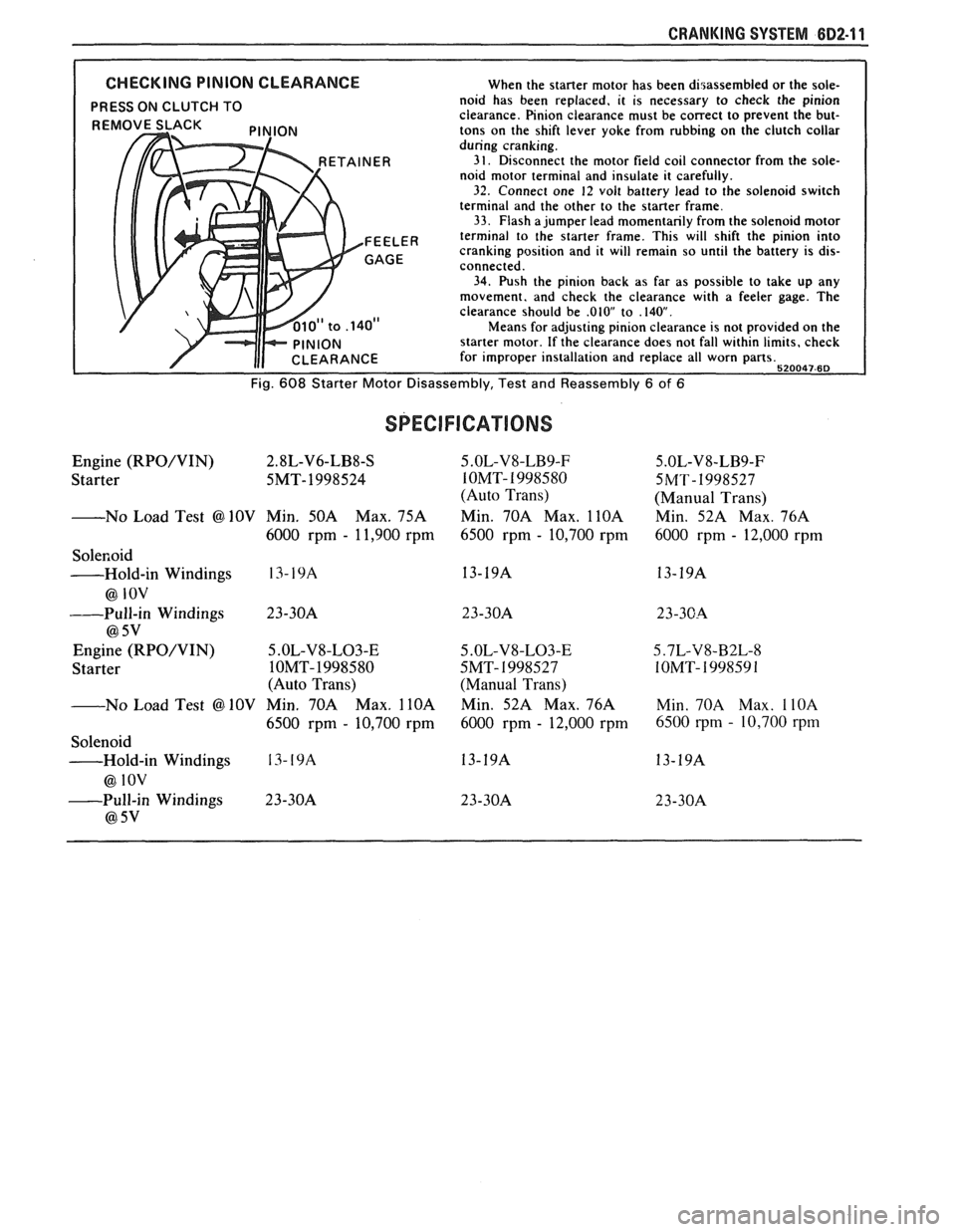 PONTIAC FIERO 1988 Service Repair Manual
CRANKING SYSTEM BD2-11
CHECKING PINION CLEARANCE When the starter motor has been disassembled or the sole-
PRESS ON CLUTCH TO noid has been replaced, it is necessary to check the pinion
cl PONTIAC FIERO 1988 Service Repair Manual
CRANKING SYSTEM BD2-11
CHECKING PINION CLEARANCE When the starter motor has been disassembled or the sole-
PRESS ON CLUTCH TO noid has been replaced, it is necessary to check the pinion
cl