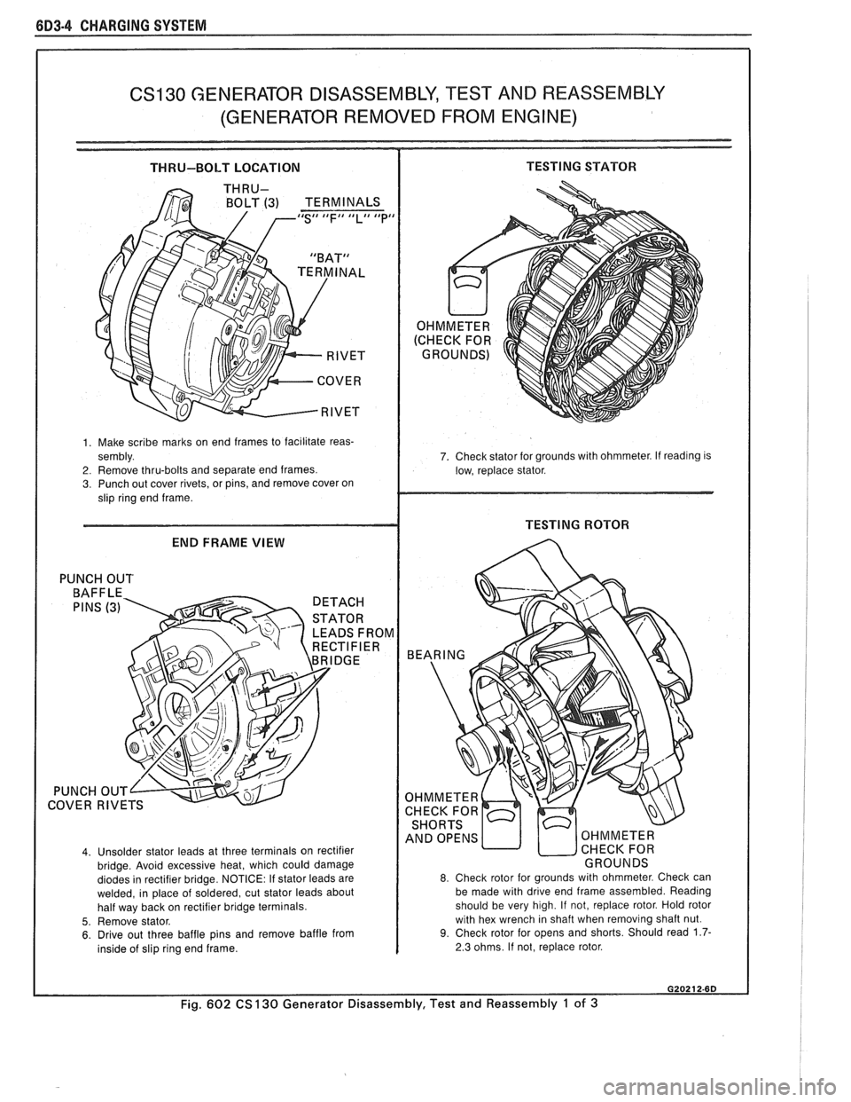 PONTIAC FIERO 1988 Service Repair Manual
6D3-4 CHARGING SYSTEM
CS130 GENERATOR DISASSEMBLY, TEST AND REASSEMBLY
(GENERATOR REMOVED FROM ENGINE)
THRU-BOLT LOCATION TESTING STATOR
BOLT (3) TERMINALS IdS## tdFI# llLll Idpd
1. Make PONTIAC FIERO 1988 Service Repair Manual
6D3-4 CHARGING SYSTEM
CS130 GENERATOR DISASSEMBLY, TEST AND REASSEMBLY
(GENERATOR REMOVED FROM ENGINE)
THRU-BOLT LOCATION TESTING STATOR
BOLT (3) TERMINALS IdS## tdFI# llLll Idpd
1. Make