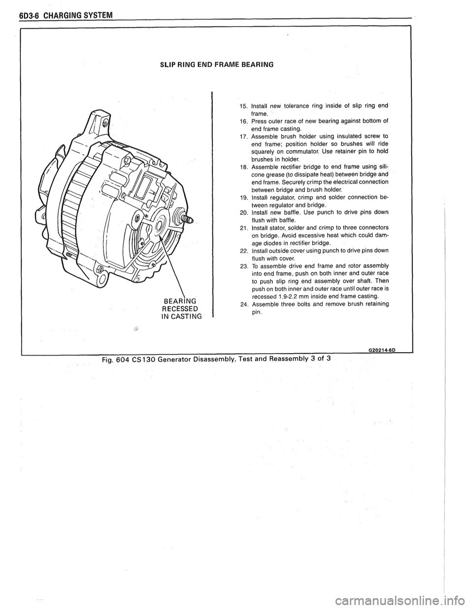 PONTIAC FIERO 1988 Service Repair Manual
SLIP RING END FRAME BEARING
BEAR~NG RECESSED
IN CASTING
15. lnstall new tolerance ring inside of slip ring end
frame.
16. Press outer race of new bearing against bottom of
end frame c PONTIAC FIERO 1988 Service Repair Manual
SLIP RING END FRAME BEARING
BEAR~NG RECESSED
IN CASTING
15. lnstall new tolerance ring inside of slip ring end
frame.
16. Press outer race of new bearing against bottom of
end frame c