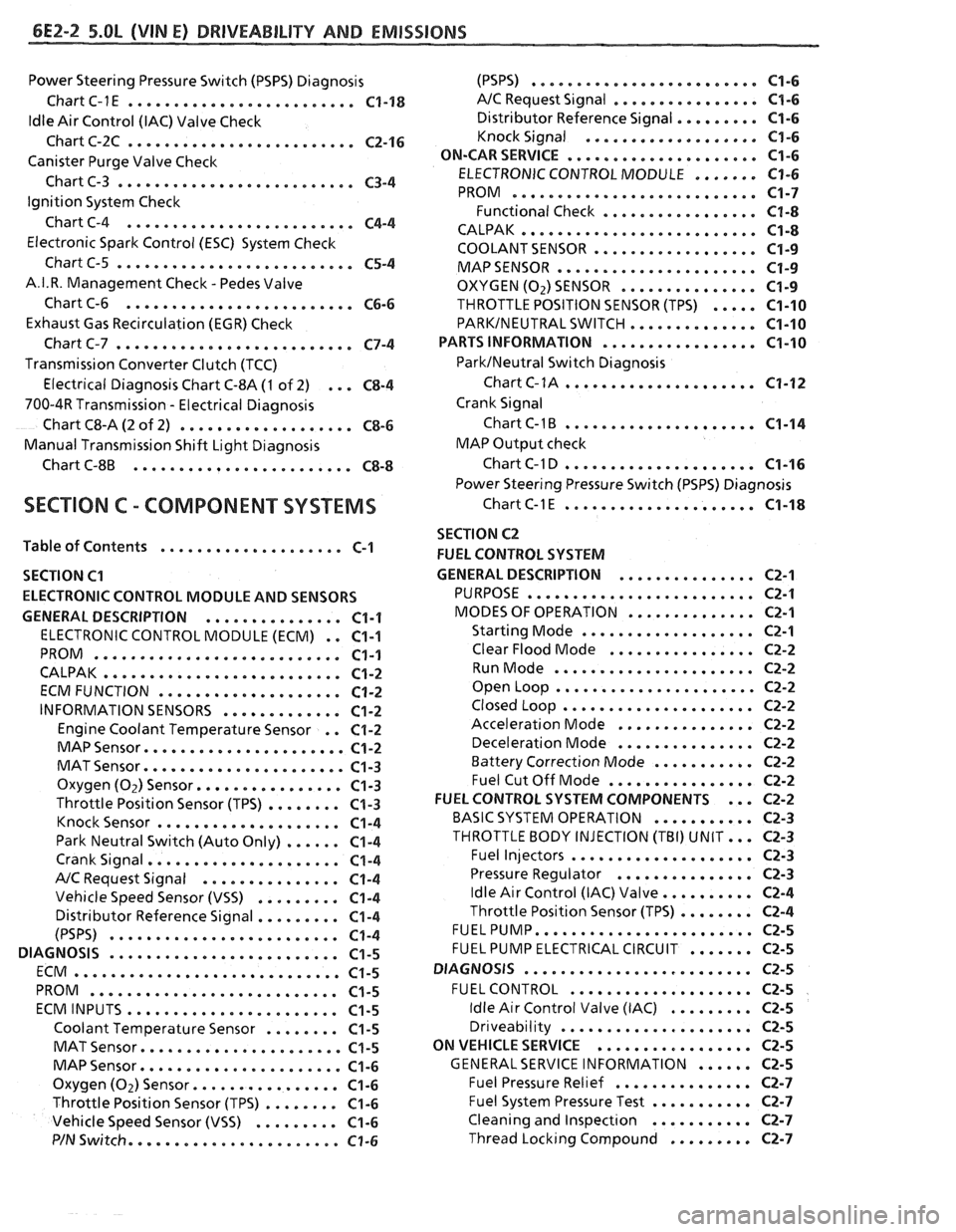 PONTIAC FIERO 1988  Service Repair Manual 
6E2-2 5.OL (VIN El DRlVEABlLlTV AND EMISSIONS 
Power Steering  Pressure Switch (PSPS) Diagnosis 
Chart  C-1 
E ......................... C1-18 
ldle Air Control  (IAC) Valve  Check 
Chart  C-2C 
....