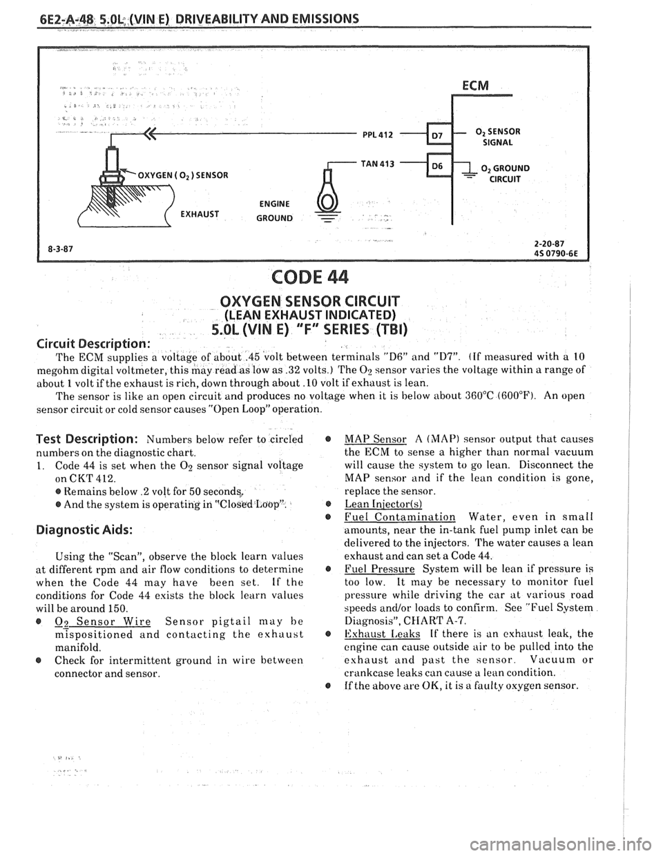 PONTIAC FIERO 1988 Service Repair Manual
6E2-A-48 5.OL, (VIN E) DRIVEABILITY AND f MISSIONS
CODE 44
OXYGEN SENSOR CIRCUIT
(LEAN EXHAUST INDICATED)
5.OL (VIN E) "F" SERIES (TBI)
Circuit Description:
The ECM supplies a voltage of abou PONTIAC FIERO 1988 Service Repair Manual
6E2-A-48 5.OL, (VIN E) DRIVEABILITY AND f MISSIONS
CODE 44
OXYGEN SENSOR CIRCUIT
(LEAN EXHAUST INDICATED)
5.OL (VIN E) "F" SERIES (TBI)
Circuit Description:
The ECM supplies a voltage of abou