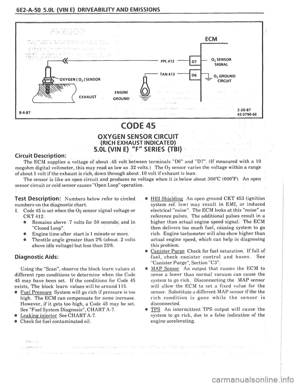 PONTIAC FIERO 1988 Service Repair Manual
6EZ-A-50 5.0b (VIN E) DRIVEABILITY AND EMISSIONS
- GROUND -
CODE 45
OXYGEN SENSOR CIRCUIT
(RICH EXHAUST INDICAnEB)
5.OL (VlN E) ""FYESEBIES (TBI)
Circuit Description:
The ECM supplies a volt PONTIAC FIERO 1988 Service Repair Manual
6EZ-A-50 5.0b (VIN E) DRIVEABILITY AND EMISSIONS
- GROUND -
CODE 45
OXYGEN SENSOR CIRCUIT
(RICH EXHAUST INDICAnEB)
5.OL (VlN E) ""FYESEBIES (TBI)
Circuit Description:
The ECM supplies a volt