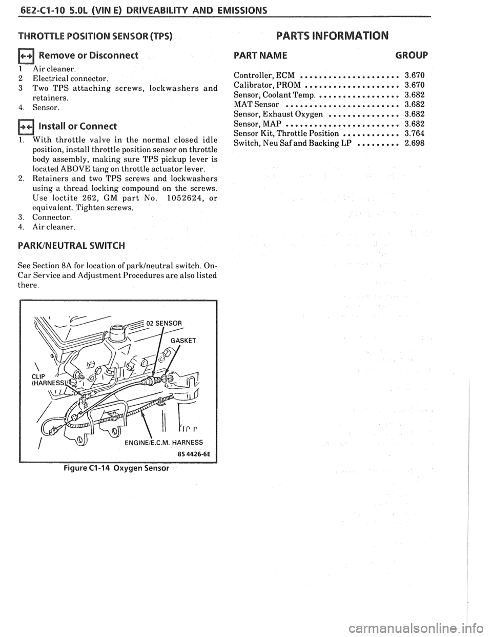 PONTIAC FIERO 1988 Service Repair Manual
6EZ-Cl-10 5.OL (VIN El DRIVEABILITY AND EMISSIONS
THROTTLE POSIT ION SENSOR (TPS)
n Remove or Disconnect
1 Air cleaner.
2 Electrical connector.
3 Two TPS attaching screws, lockwashers and
r PONTIAC FIERO 1988 Service Repair Manual
6EZ-Cl-10 5.OL (VIN El DRIVEABILITY AND EMISSIONS
THROTTLE POSIT ION SENSOR (TPS)
n Remove or Disconnect
1 Air cleaner.
2 Electrical connector.
3 Two TPS attaching screws, lockwashers and
r