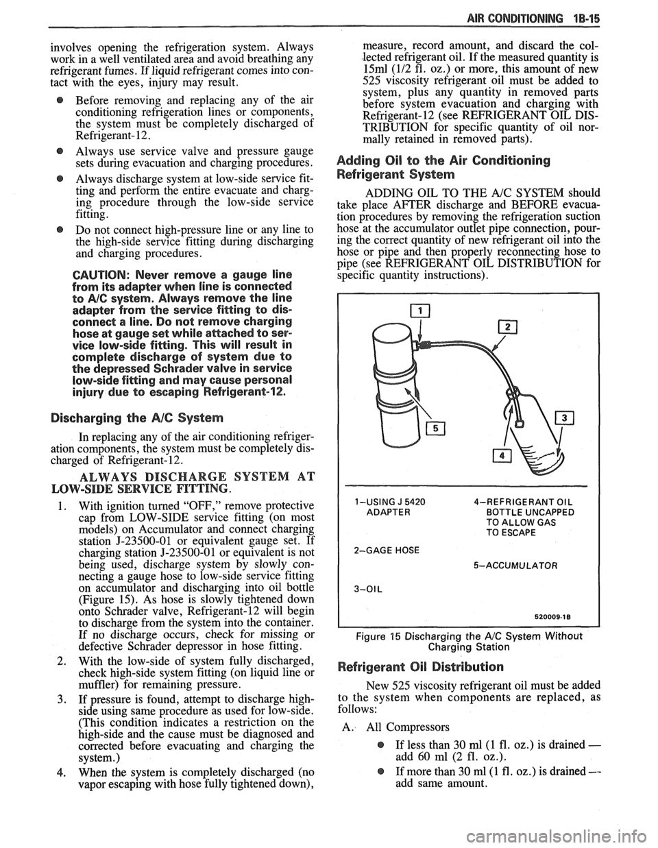 PONTIAC FIERO 1988  Service Repair Manual 
AIR GONDlTlONlNG 1B-15 
involves  opening  the  refrigeration system. Always 
work  in a well ventilated area and avoid breathing  any 
refrigerant  fumes. If liquid refrigerant comes  into con- 
tac