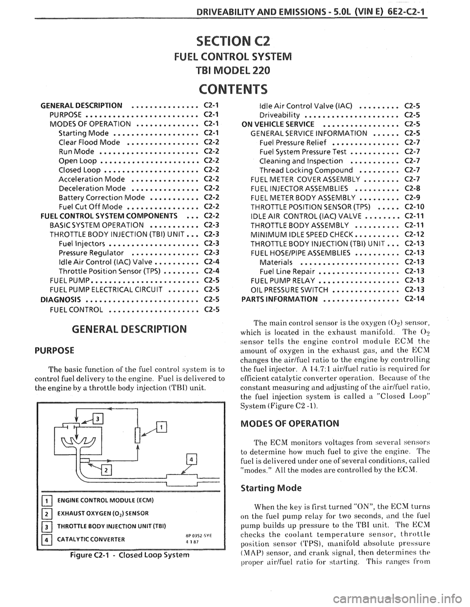 PONTIAC FIERO 1988  Service Service Manual 
DRIVEABILIW AND EMISSIONS - 5.OL (VIN E) 6E2-62-1 
SECTION C2 
FUEL CONTROL SYSTEM 
TBI MODEL 228 
CONTENTS 
GENERAL DESCRIPTION . . . . . . . . . . . . . . . C2-1 
PURPOSE ......................... 