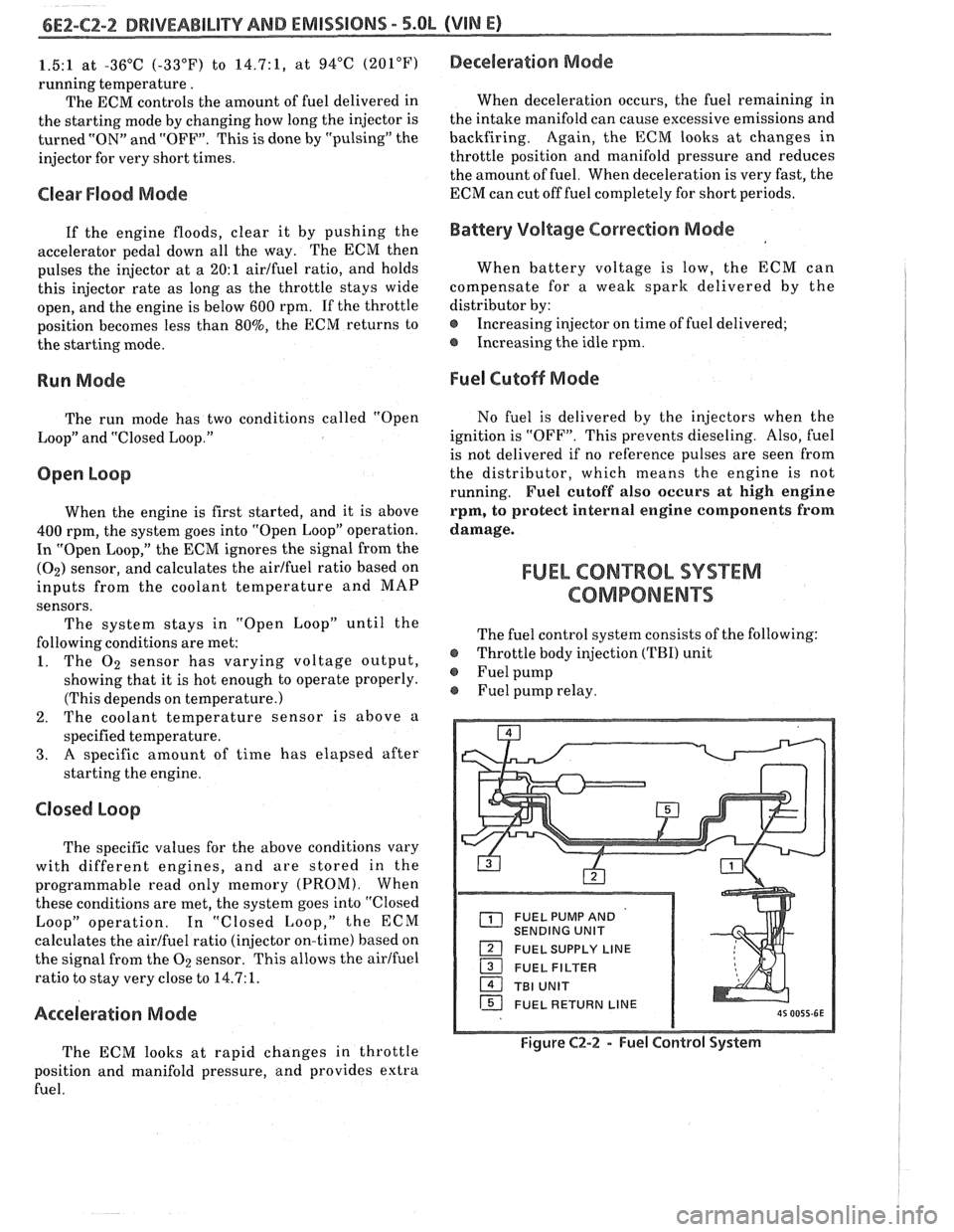 PONTIAC FIERO 1988 Service Repair Manual
6EZ-C2-2 DRIVEABILITY AND EMISSIONS - 5.8b (VIN E)
1.5:1 at -36°C (-33°F) to 14.7:1, at 94°C (201°F)
running temperature.
The ECM controls the amount of fuel delivered in
the starting PONTIAC FIERO 1988 Service Repair Manual
6EZ-C2-2 DRIVEABILITY AND EMISSIONS - 5.8b (VIN E)
1.5:1 at -36°C (-33°F) to 14.7:1, at 94°C (201°F)
running temperature.
The ECM controls the amount of fuel delivered in
the starting