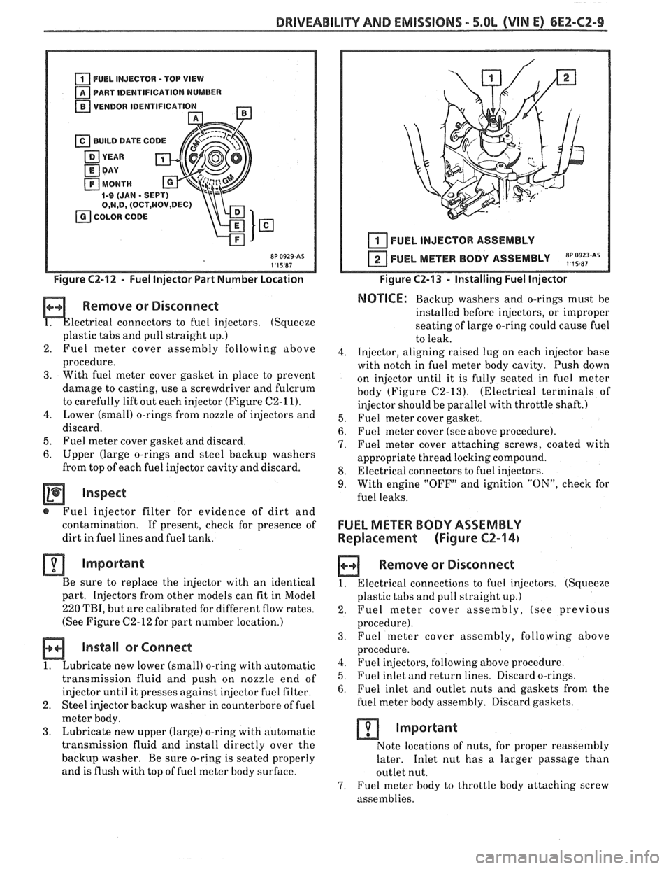 PONTIAC FIERO 1988 Service Repair Manual
DRIVEABILITY AND EMISSIONS - 5.OL (VIN El CEZ-C2-9
u PART IDENTIFICATION NUMBER
VENDOR IDENTlFlCATl
Figure C2-12 - Fuel Injector Part Number Location
Remove or Disconnect
lectrical connectors PONTIAC FIERO 1988 Service Repair Manual
DRIVEABILITY AND EMISSIONS - 5.OL (VIN El CEZ-C2-9
u PART IDENTIFICATION NUMBER
VENDOR IDENTlFlCATl
Figure C2-12 - Fuel Injector Part Number Location
Remove or Disconnect
lectrical connectors