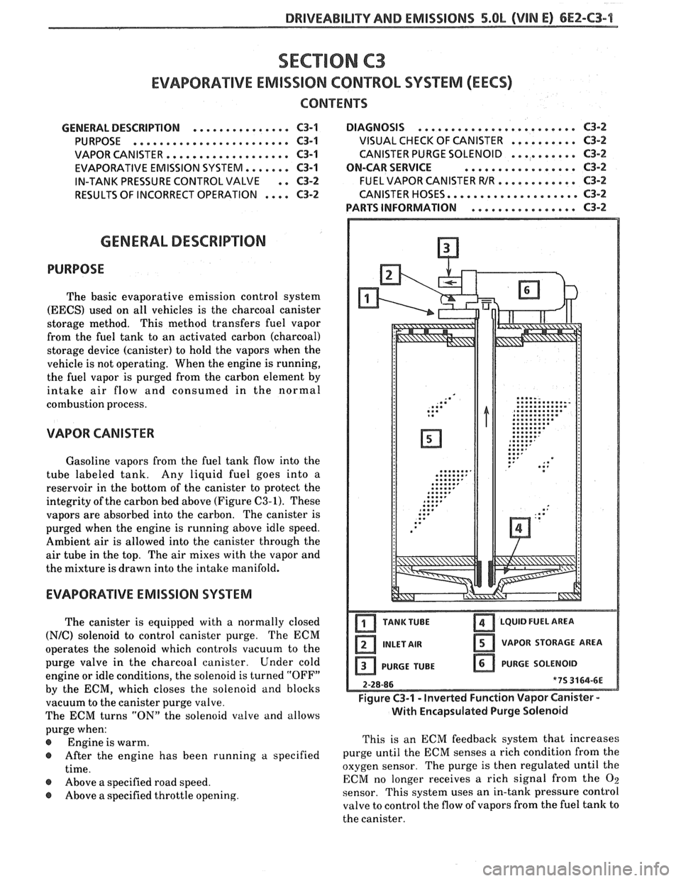 PONTIAC FIERO 1988 Service Repair Manual
DRIVEABILITY AND EMISSIONS 5.8L (VIN E) 6EZ-C3-1
SECTION C3
EVAPORATIVE EMISSION CONTROL SVSEENI (EECS)
CONTENTS
........................ GENERAL DESCRIPTION ............... C3-1 DIAGNOSIS C3-2 PONTIAC FIERO 1988 Service Repair Manual
DRIVEABILITY AND EMISSIONS 5.8L (VIN E) 6EZ-C3-1
SECTION C3
EVAPORATIVE EMISSION CONTROL SVSEENI (EECS)
CONTENTS
........................ GENERAL DESCRIPTION ............... C3-1 DIAGNOSIS C3-2