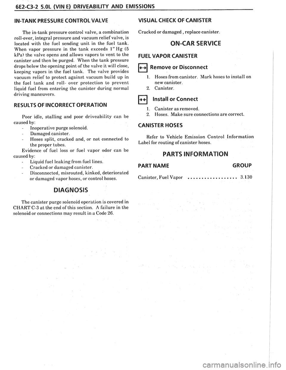 PONTIAC FIERO 1988 Service Repair Manual
ILITV AND EMISSIONS
IN-TANK PRESSURE CONTROL VALVE VISUAL
CHECK OF CANISTER
The in-tank pressure control valve, a combination
roll-over, integral pressure and vacuum relief valve, is PONTIAC FIERO 1988 Service Repair Manual
ILITV AND EMISSIONS
IN-TANK PRESSURE CONTROL VALVE VISUAL
CHECK OF CANISTER
The in-tank pressure control valve, a combination
roll-over, integral pressure and vacuum relief valve, is
