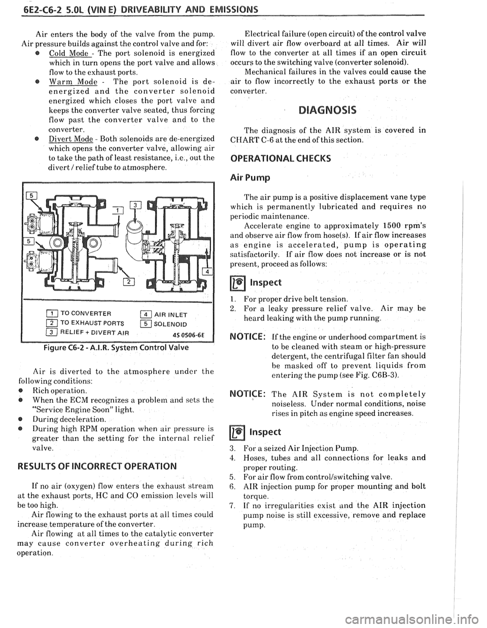 PONTIAC FIERO 1988 Service Repair Manual
6EZ-C6-2 5.OL (VIN E) DRIVEABILITY AND EMISSIONS
Air enters the body of the valve from the pump.
Air pressure builds against the control valve and for:
@ Cold Mode - The port solenoid PONTIAC FIERO 1988 Service Repair Manual
6EZ-C6-2 5.OL (VIN E) DRIVEABILITY AND EMISSIONS
Air enters the body of the valve from the pump.
Air pressure builds against the control valve and for:
@ Cold Mode - The port solenoid