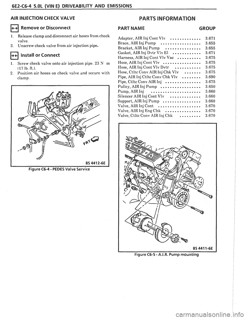 PONTIAC FIERO 1988 Service Repair Manual
6E2-C6-4 5.QL (VIN E) DRIVEABILITY AND EMISSIONS
AIR INJECTION CHECK VALVE
Remove or Disconnect
1 . Release clamp and disconnect air hoses from check
valve
.
2 . Unscrew check valve from air PONTIAC FIERO 1988 Service Repair Manual
6E2-C6-4 5.QL (VIN E) DRIVEABILITY AND EMISSIONS
AIR INJECTION CHECK VALVE
Remove or Disconnect
1 . Release clamp and disconnect air hoses from check
valve
.
2 . Unscrew check valve from air