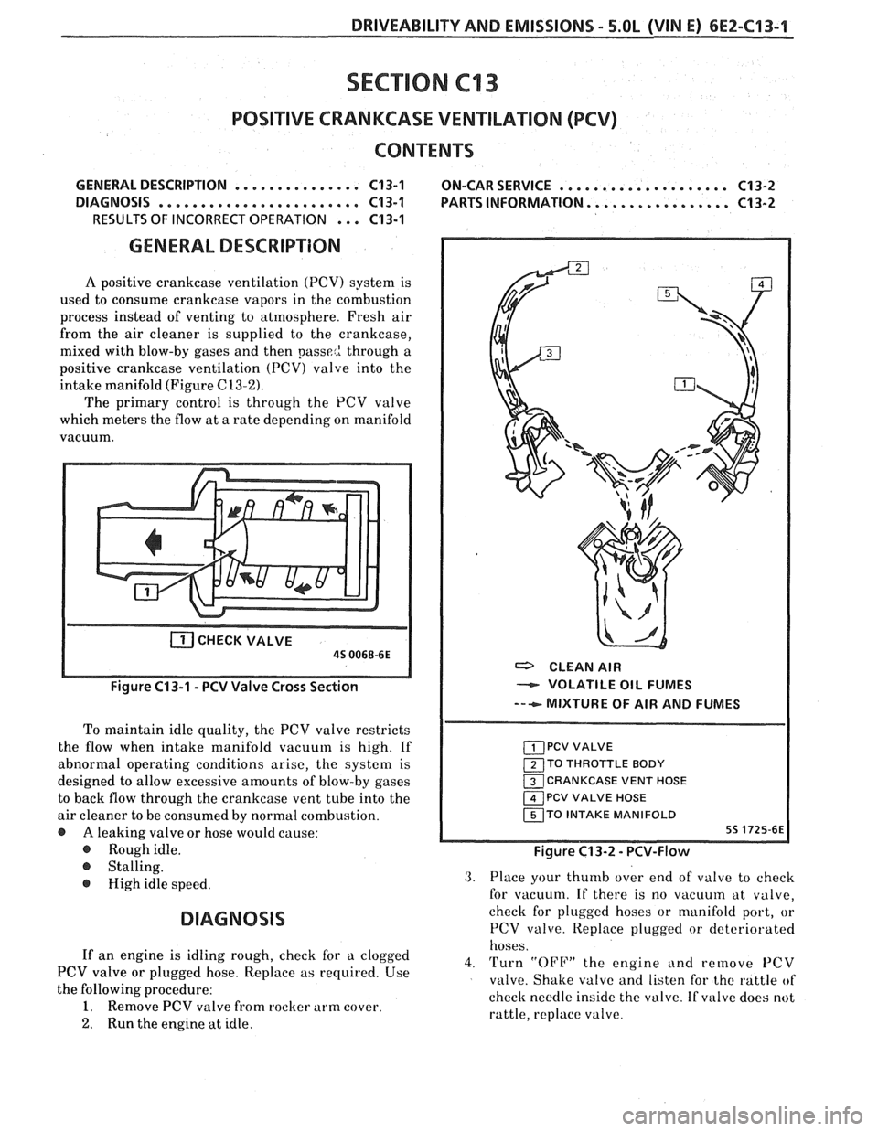 PONTIAC FIERO 1988 Service Repair Manual
DRIVEABILITY AND EMISSIONS - 5.OL (VIN E) 6E2-CI 3-1 --
SECTION C13
POSI"BVE CRANKCASE VENTILATION (PCV)
CONTENTS
GENERAL DESCRIPTION ............*.. C13-1 ON-CARSERVICE .................... C13 PONTIAC FIERO 1988 Service Repair Manual
DRIVEABILITY AND EMISSIONS - 5.OL (VIN E) 6E2-CI 3-1 --
SECTION C13
POSI"BVE CRANKCASE VENTILATION (PCV)
CONTENTS
GENERAL DESCRIPTION ............*.. C13-1 ON-CARSERVICE .................... C13