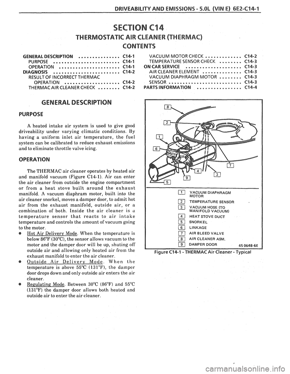 PONTIAC FIERO 1988 Service Repair Manual
DRIVEABILITY AND EMISSIONS - S.OL (VIN El 6EZ-C44-1
SECTION C14
"FHERMOSTATlC AIR CLEANER (THERMAC)
CONTENTS
GENERAL DESCRIPTION ............... C14-1 VACUUM MOTORCHECK ............. C14-2
PURP PONTIAC FIERO 1988 Service Repair Manual
DRIVEABILITY AND EMISSIONS - S.OL (VIN El 6EZ-C44-1
SECTION C14
"FHERMOSTATlC AIR CLEANER (THERMAC)
CONTENTS
GENERAL DESCRIPTION ............... C14-1 VACUUM MOTORCHECK ............. C14-2
PURP