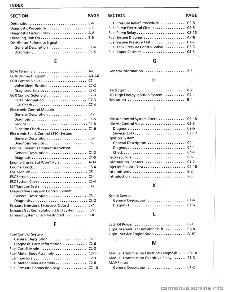 PONTIAC FIERO 1988  Service Service Manual 
INDEX 
SECTION  PACE 
....................... Detonation...  B-4 
.................. Diagnostic Procedure  2-5 
................ Diagnostic Circuit Check  A-8 
..................... Dieseling. Run On