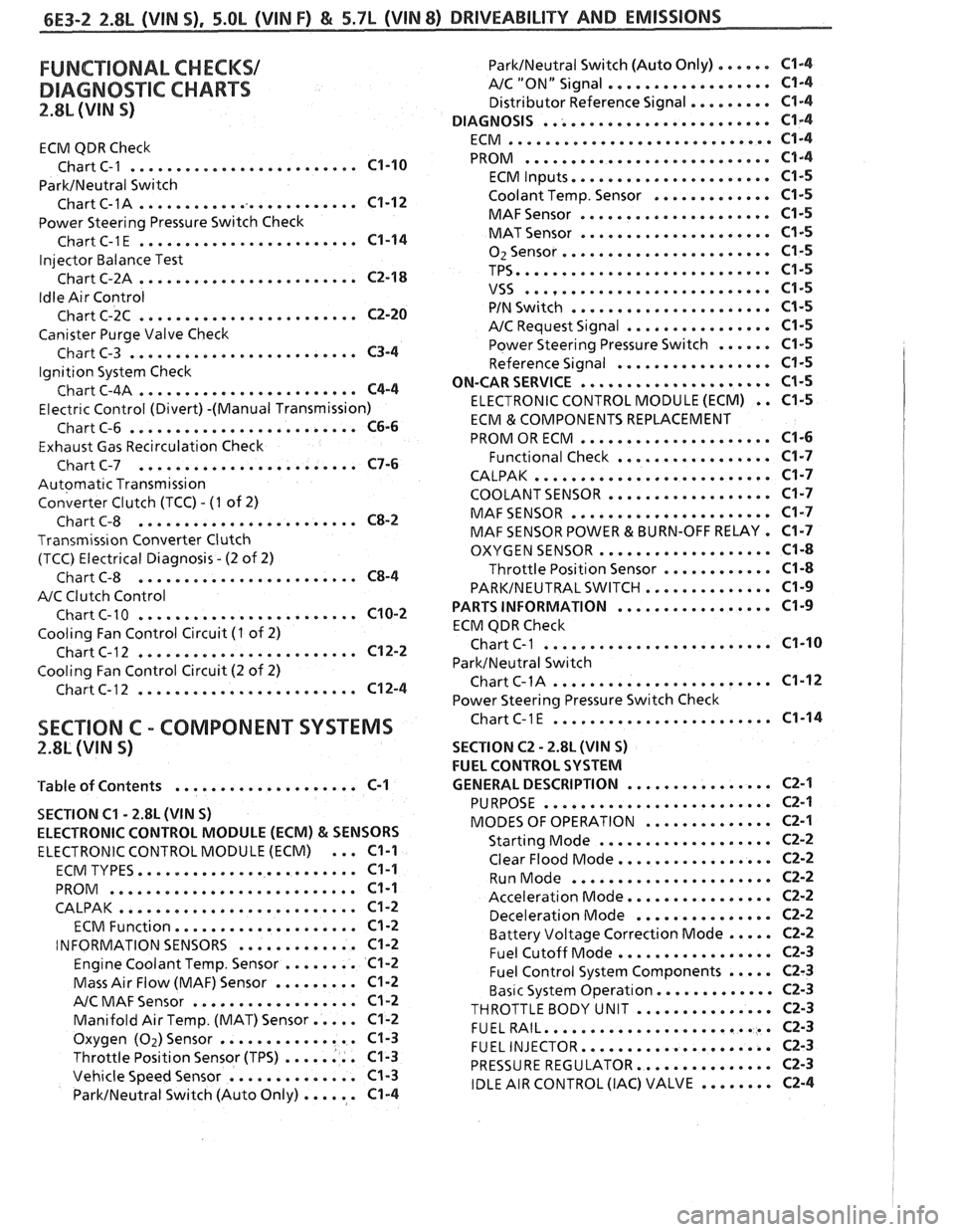 PONTIAC FIERO 1988 Service Repair Manual
FUNCTIONAL CHECKS/
DIAGNOSTIC CHARTS
2.8L (VIN S)
ECM QDR Check
......................... Chart C-1 C1-10
ParkINeutral Switch
......................... Chart C-1A C1-12
Power Steering Pressur PONTIAC FIERO 1988 Service Repair Manual
FUNCTIONAL CHECKS/
DIAGNOSTIC CHARTS
2.8L (VIN S)
ECM QDR Check
......................... Chart C-1 C1-10
ParkINeutral Switch
......................... Chart C-1A C1-12
Power Steering Pressur