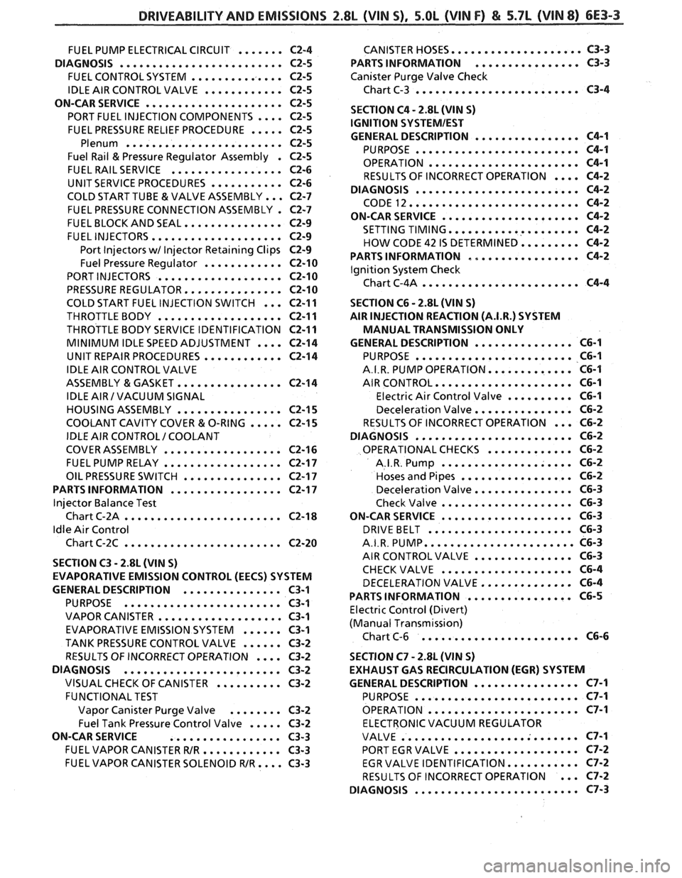 PONTIAC FIERO 1988 Service Repair Manual
DRlVEABlLlTVAND EMISSIONS 2.8L (VIN S). 5.OL (VIN F) & 5.7L (VIN 8) 6E3-3
.................... FUEL PUMP ELECTRICAL CIRCUIT ....... C2-4 CANISTER HOSES C3-3
................ DIAGNOSIS ........... PONTIAC FIERO 1988 Service Repair Manual
DRlVEABlLlTVAND EMISSIONS 2.8L (VIN S). 5.OL (VIN F) & 5.7L (VIN 8) 6E3-3
.................... FUEL PUMP ELECTRICAL CIRCUIT ....... C2-4 CANISTER HOSES C3-3
................ DIAGNOSIS ...........