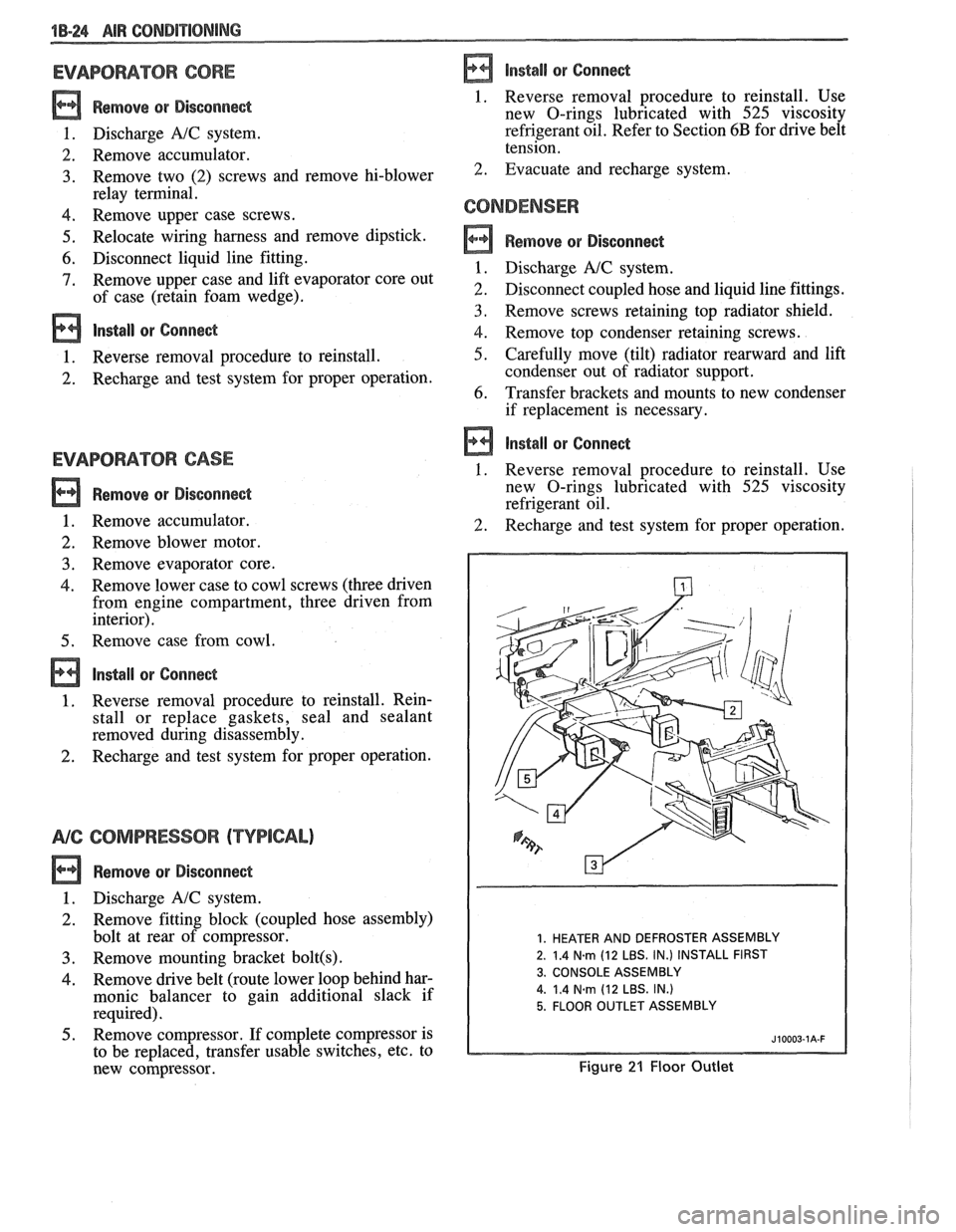 PONTIAC FIERO 1988 Service Manual PDF
1B-24 AIR CONDPTIBNING
EVAPORATOR CORE
Remove QP Disconnect
1. Discharge A/C system.
2. Remove accumulator.
3. Remove two (2) screws and remove hi-blower
relay terminal.
4. Remove upper PONTIAC FIERO 1988 Service Manual PDF
1B-24 AIR CONDPTIBNING
EVAPORATOR CORE
Remove QP Disconnect
1. Discharge A/C system.
2. Remove accumulator.
3. Remove two (2) screws and remove hi-blower
relay terminal.
4. Remove upper