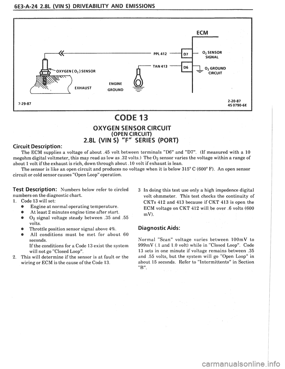 PONTIAC FIERO 1988 Service Repair Manual
6E3-A-24 2.8L (WIN 5) DRIVEABILITY AND EMISSIONS
OXYGEN ( 02) SENSOR
-
CODE 13
OXYGEN SENSOR CIRCUIT
(OPEN CIRCUIT)
2.8L (VIN S) ""FXSERlES (PORT)
Circuit Description:
The ECM supplies a v PONTIAC FIERO 1988 Service Repair Manual
6E3-A-24 2.8L (WIN 5) DRIVEABILITY AND EMISSIONS
OXYGEN ( 02) SENSOR
-
CODE 13
OXYGEN SENSOR CIRCUIT
(OPEN CIRCUIT)
2.8L (VIN S) ""FXSERlES (PORT)
Circuit Description:
The ECM supplies a v