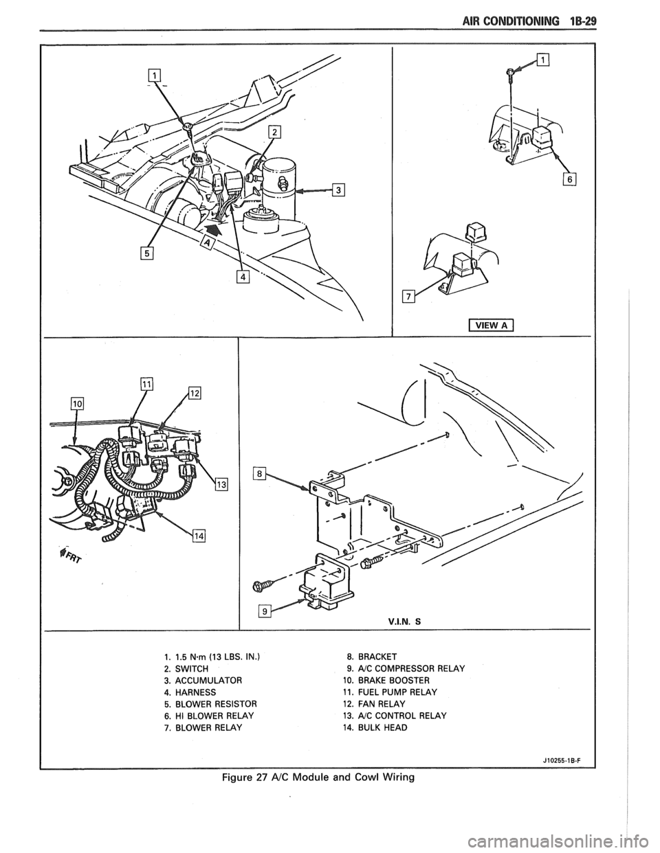 PONTIAC FIERO 1988  Service Repair Manual 
AIR CONDITIONING 1B-29 
1. 1.5 N.m (13 LBS.  IN.) 8. BRACKET 
2.  SWITCH 
9. AJC  COMPRESSOR  RELAY 
3.  ACCUMULATOR  10. BRAKE  BOOSTER 
4. HARNESS  11. 
FUEL  PUMP  RELAY 
5.  BLOWER  RESISTOR  12.