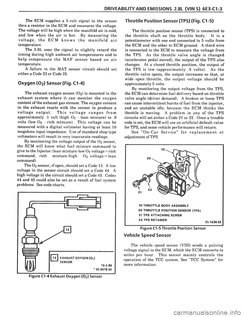 PONTIAC FIERO 1988  Service Repair Manual 
The ECM  supplies  a  5-volt signal to the  sensor 
thru 
a resistor  in the  ECM  and measures the  voltage. 
The  voltage  will be high when  the manifold  air is cold, 
and  low when  the air is h