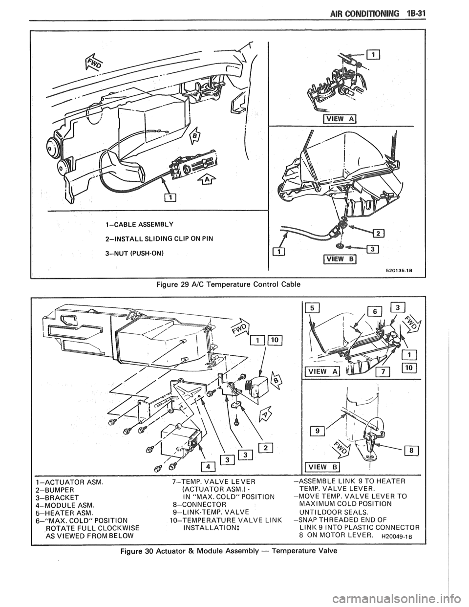 PONTIAC FIERO 1988  Service Manual PDF 
AIR 68RIDIT18NING 1 B-31 
1 -CABLE ASSEMBLY 
2-INSTALL  SLIDING 
CLIP ON PIN 
3-NUT  (PUSH-ON) 
520135-18 
Figure 29 NC Temperature  Control  Cable 
INSTALLATION: 
Figure 30 Actuator & Module Assembl