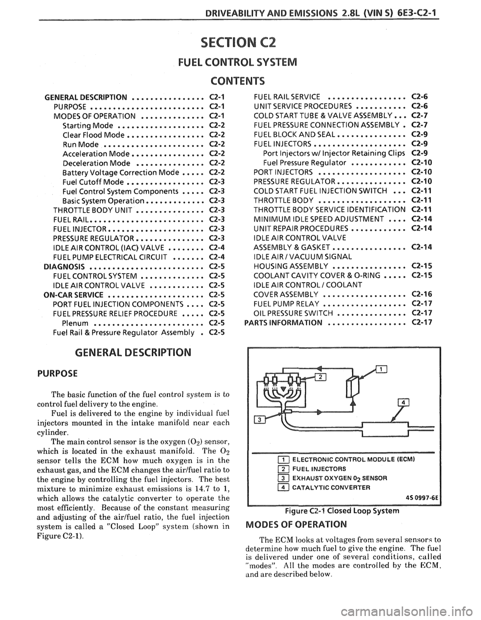 PONTIAC FIERO 1988  Service Repair Manual 
DRIVEABILITY AND EMISSIONS 2.8b (VIN 5) 6E3-C2-1 
SECTION C2 
FUEL CONTROL SYSEEIVI 
CONTENTS 
GENERAL DESCRIPTION . . . . . . . . . . . . . . . . C2-1 FUEL RAIL SERVICE . . . . . . . . . . . . . , .
