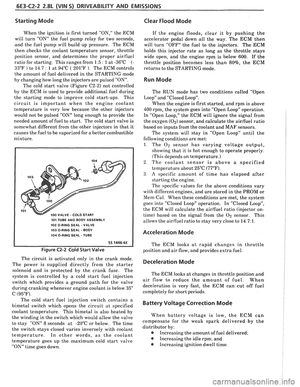 PONTIAC FIERO 1988  Service Repair Manual 
Starting Mode 
When the ignition  is first  turned  "ON," the ECM 
will  turn  "ON"  the fuel  pump  relay for two  seconds, 
and  the fuel  pump  will build  up pressure.  The  ECM 
then  checks  th