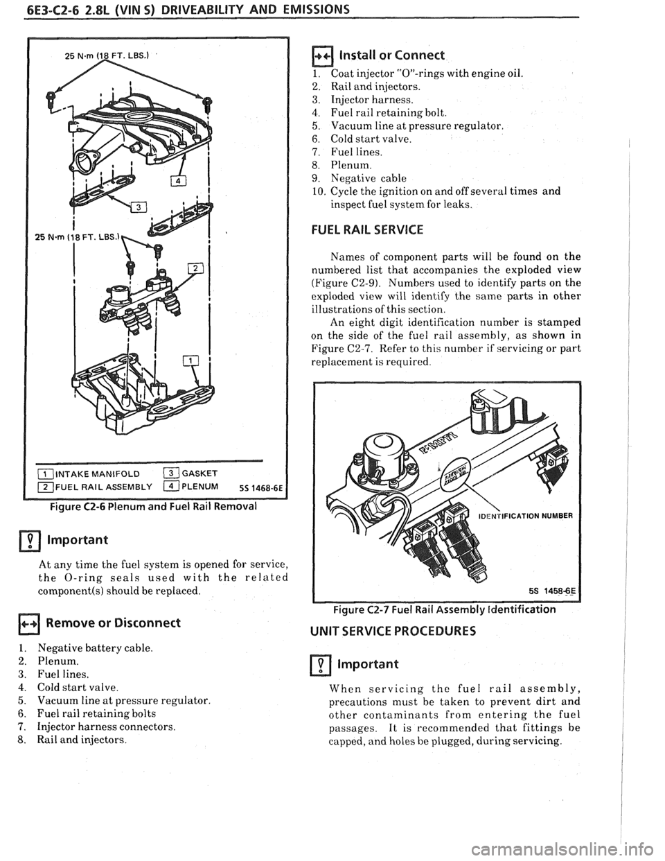 PONTIAC FIERO 1988  Service Repair Manual 
6E3-C2-6 2.8L (VIN 5) DRIVEABILITY AND EMISSIONS 
FUEL RAIL ASSEMBLY 
Figure C2-6 Plenum  and Fuel Rail  Removal 
Important 
At any time the  fuel system  is opened for  service, 
the  O-ring  seals 