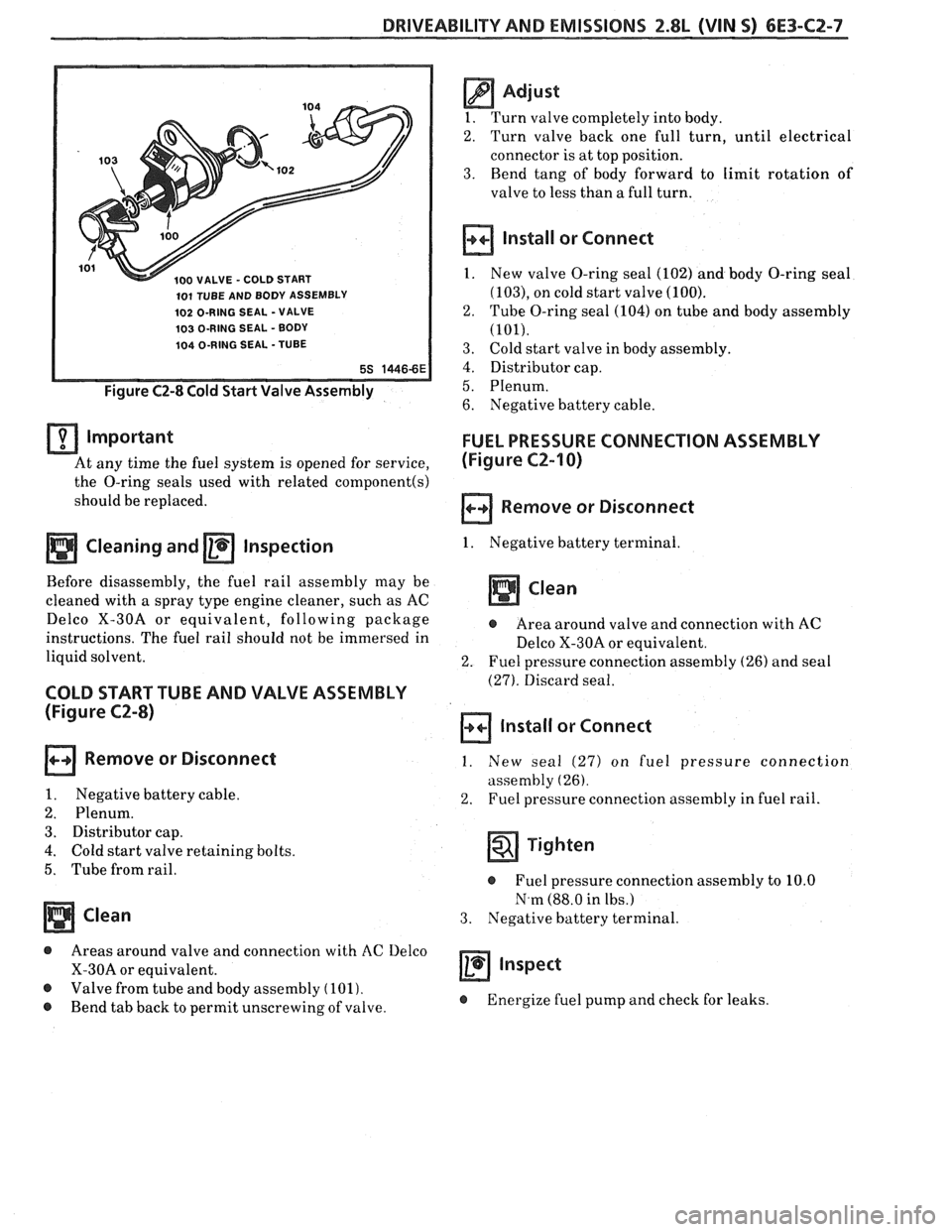 PONTIAC FIERO 1988  Service Repair Manual 
DRIVEABILITY AND EMISSIONS 2.8L (VIN S) 6E3-CZ-7 
100 VALVE - COLD  START 
101 TUBE AND  BODY  ASSEMBLY 
102 O-RING  SEAL  -VALVE 
103 O-RING SEAL - BODY 
104 O-RING SEAL -TUBE 
Figure C2-8  Cold Sta