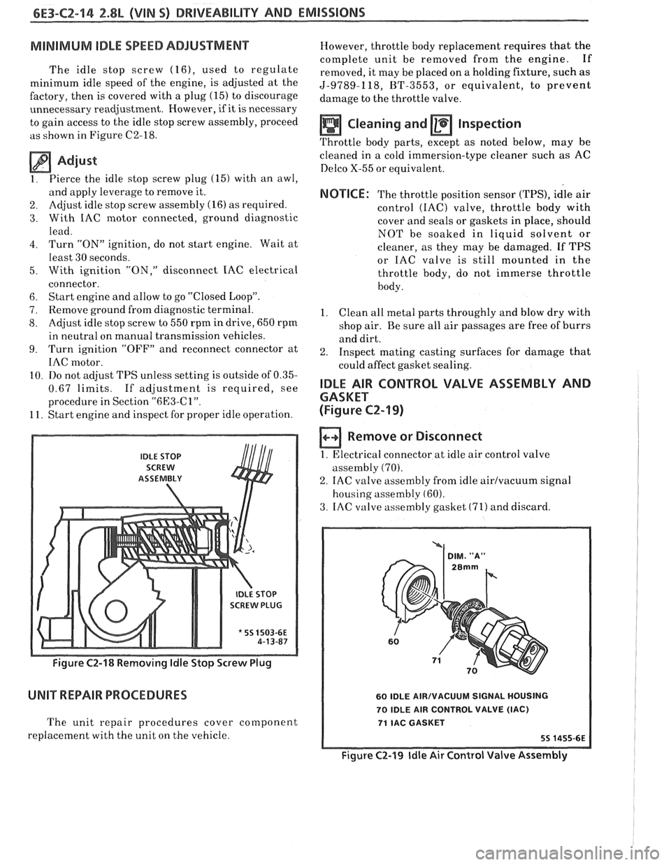 PONTIAC FIERO 1988  Service Repair Manual 
6E3-CZ-14 2.8L (VIN S) DRlVEABlLlTV AND EMISSIONS 
MINIMUM IDLE SPEED ADJUSTMENT 
The idle  stop  screw (16), used  to regulate 
minimum  idle  speed  of the  engine,  is adjusted  at the 
factory,  
