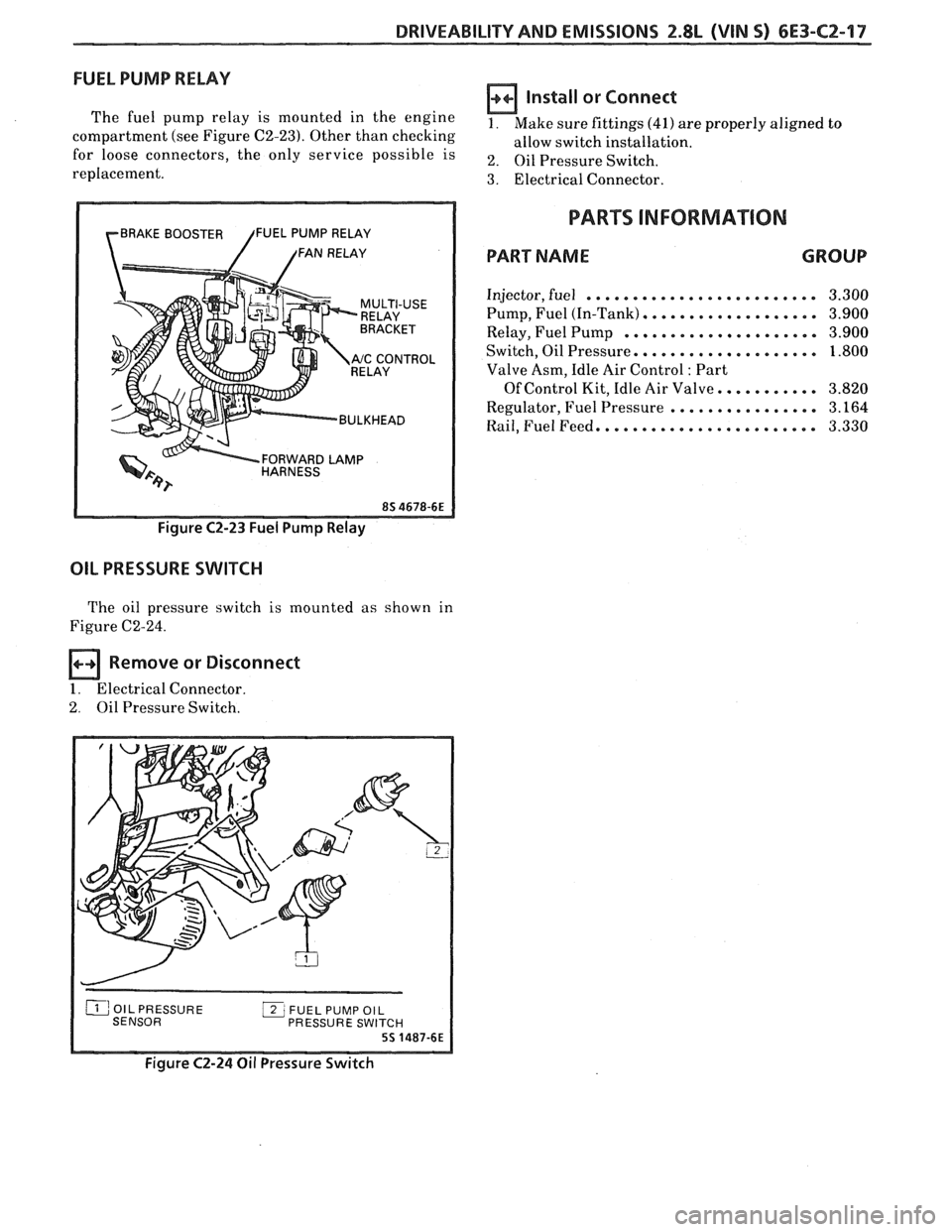 PONTIAC FIERO 1988  Service Repair Manual 
DRIVEABILITY AND EMISSIONS 2.8L (VIN 5) 6E3-C2-17 
FUEL PUMP  RELAY 
The fuel pump  relay  is mounted  in the  engine 
compartment  (see Figure  C2-23).  Other than checking 
for  loose  connectors, 
