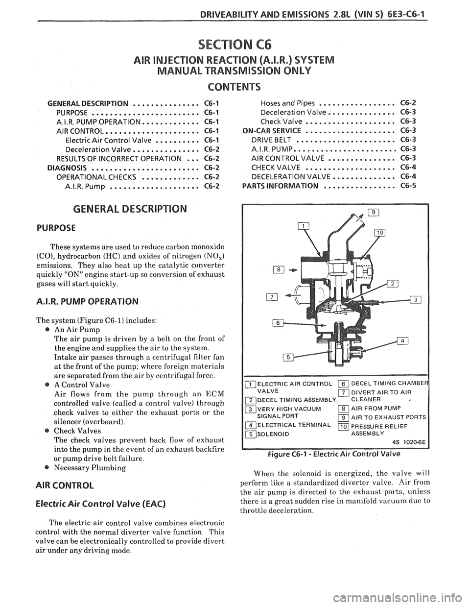 PONTIAC FIERO 1988  Service Repair Manual 
DRIVEABILITY AND EMISSIONS 2.8L (VIN S) 6E3-C6-4 
SECTION C6 
AIR INJECTION REACTlON (A.I.R.) SYSTEM 
MANUAL, TRANSMISSION ONLY 
CONTENTS 
............... GENERAL DESCRIPTION C6-1 
..................
