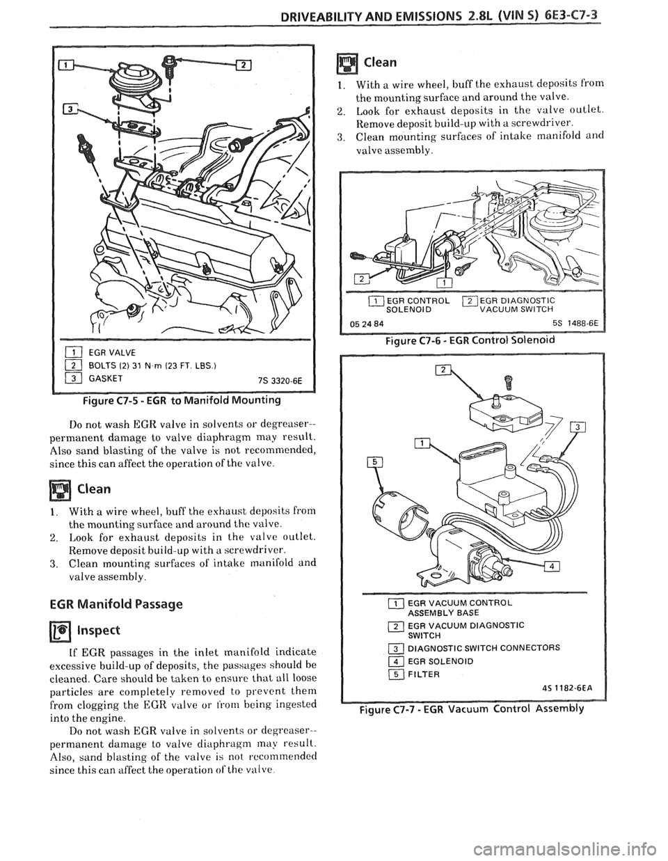 PONTIAC FIERO 1988 Service Repair Manual
DRIVEABILITY AND EMISSIONS 2.8L (VIM 5) 6E3-C7-3
- Figure C7-5 - EGR to Manifold Mounting
Do not wash EGR valve in solvents or degreaser--
permanent damage to valve diaphragm
may result.
PONTIAC FIERO 1988 Service Repair Manual
DRIVEABILITY AND EMISSIONS 2.8L (VIM 5) 6E3-C7-3
- Figure C7-5 - EGR to Manifold Mounting
Do not wash EGR valve in solvents or degreaser--
permanent damage to valve diaphragm
may result.