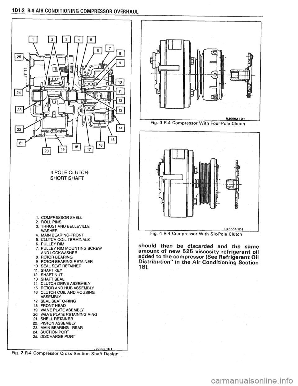 PONTIAC FIERO 1988  Service Repair Manual 
1 Dl-2 R-4 AIR CONDITIONING COMP 
4 POLE CLUTCH- 
SHORT SHAFT 
1. COMPRESSOR SHELL 2. ROLL PINS 3. THRUST AND BELLEVILLE WASHER 4. MAlN BEARING-FRONT 5. CLUTCH COlL TERMINALS 6. PULLEY RIM 7. PULLEY 