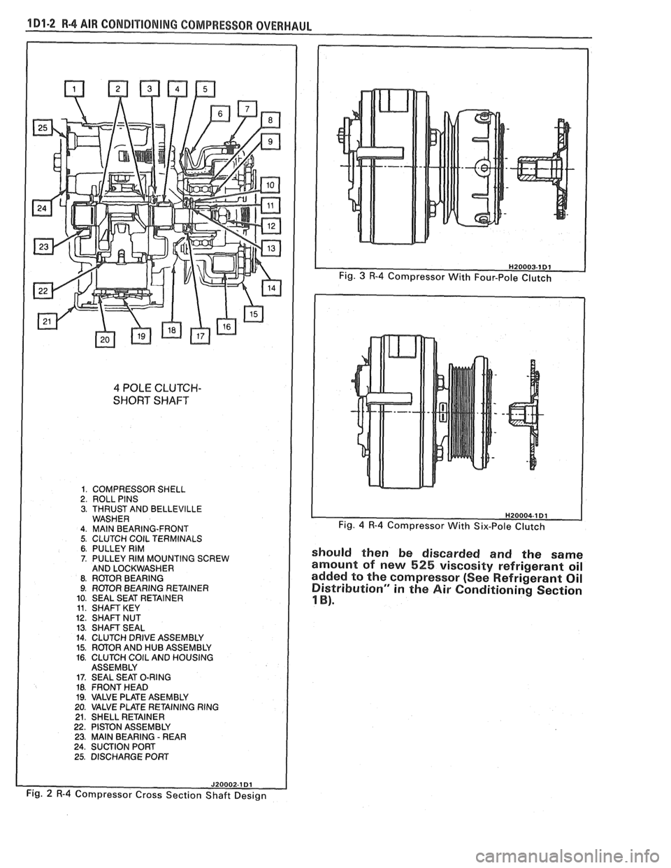PONTIAC FIERO 1988  Service Manual Online 
1 Dl-2 R-4 AIR CONDITIONING COMP 
4 POLE CLUTCH- 
SHORT SHAFT 
1. COMPRESSOR SHELL 2. ROLL PINS 3. THRUST AND BELLEVILLE WASHER 4. MAlN BEARING-FRONT 5. CLUTCH COlL TERMINALS 6. PULLEY RIM 7. PULLEY 
