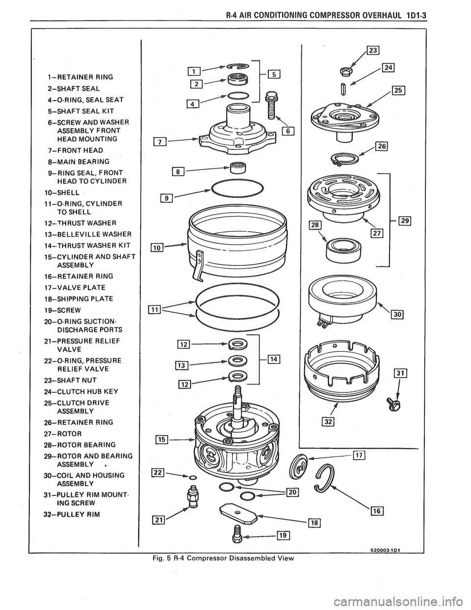 PONTIAC FIERO 1988  Service Repair Manual 
R-4 AIR CONDITIONING  COMPRESSOR OVERHAUL 101-3 
1-RETAINER RlNG 
2-SHAFT  SEAL  
4-O-RING,  SEAL  SEAT 
%-SHAFT SEAL KIT 
6-SCREW  AND WASHER 
ASSEMBLY  FRONT 
HEAD  MOUNTING 
7-FRONT  HEAD 
8-MAIN 