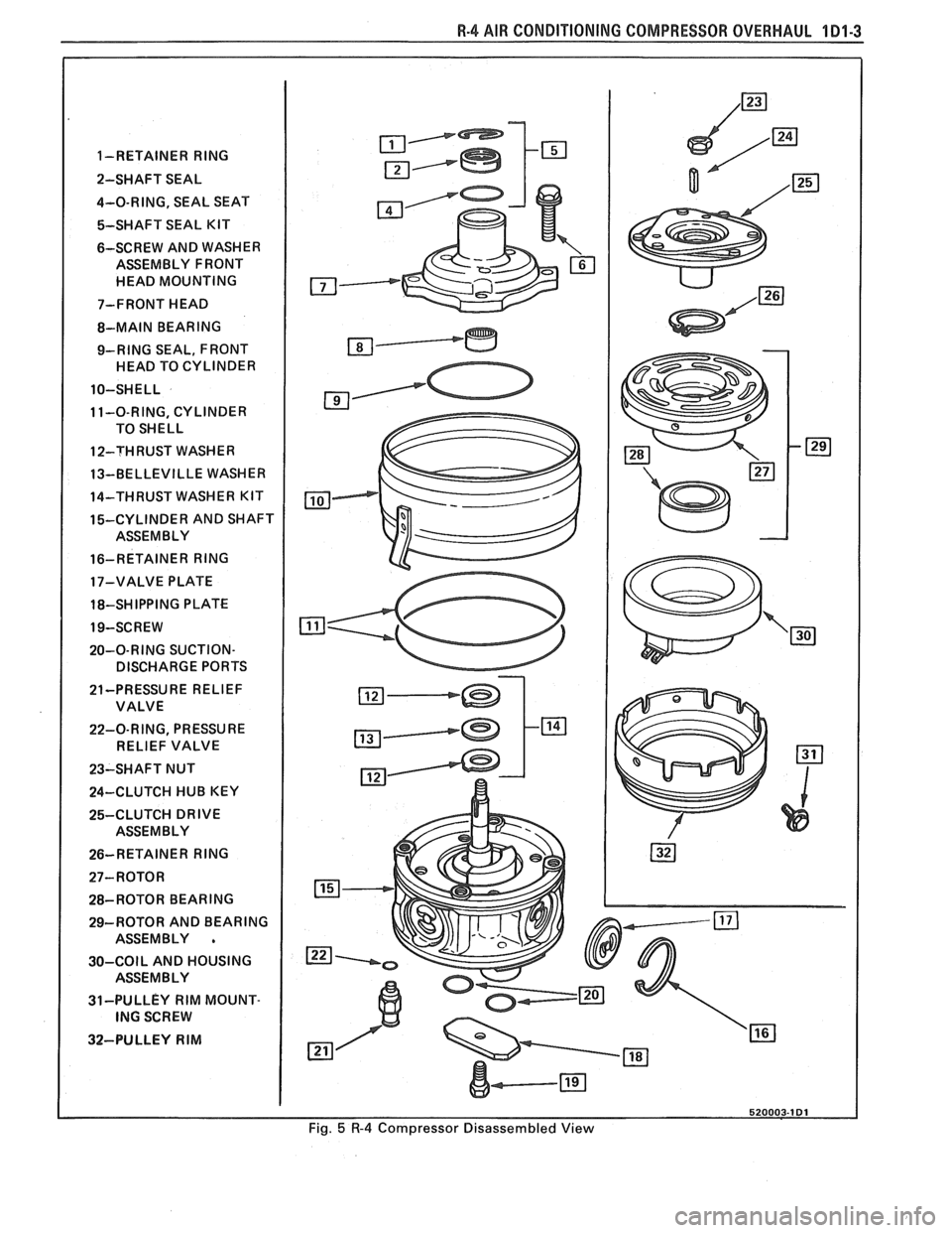 PONTIAC FIERO 1988  Service Manual Online 
R-4 AIR CONDITIONING  COMPRESSOR OVERHAUL 101-3 
1-RETAINER RlNG 
2-SHAFT  SEAL  
4-O-RING,  SEAL  SEAT 
%-SHAFT SEAL KIT 
6-SCREW  AND WASHER 
ASSEMBLY  FRONT 
HEAD  MOUNTING 
7-FRONT  HEAD 
8-MAIN 