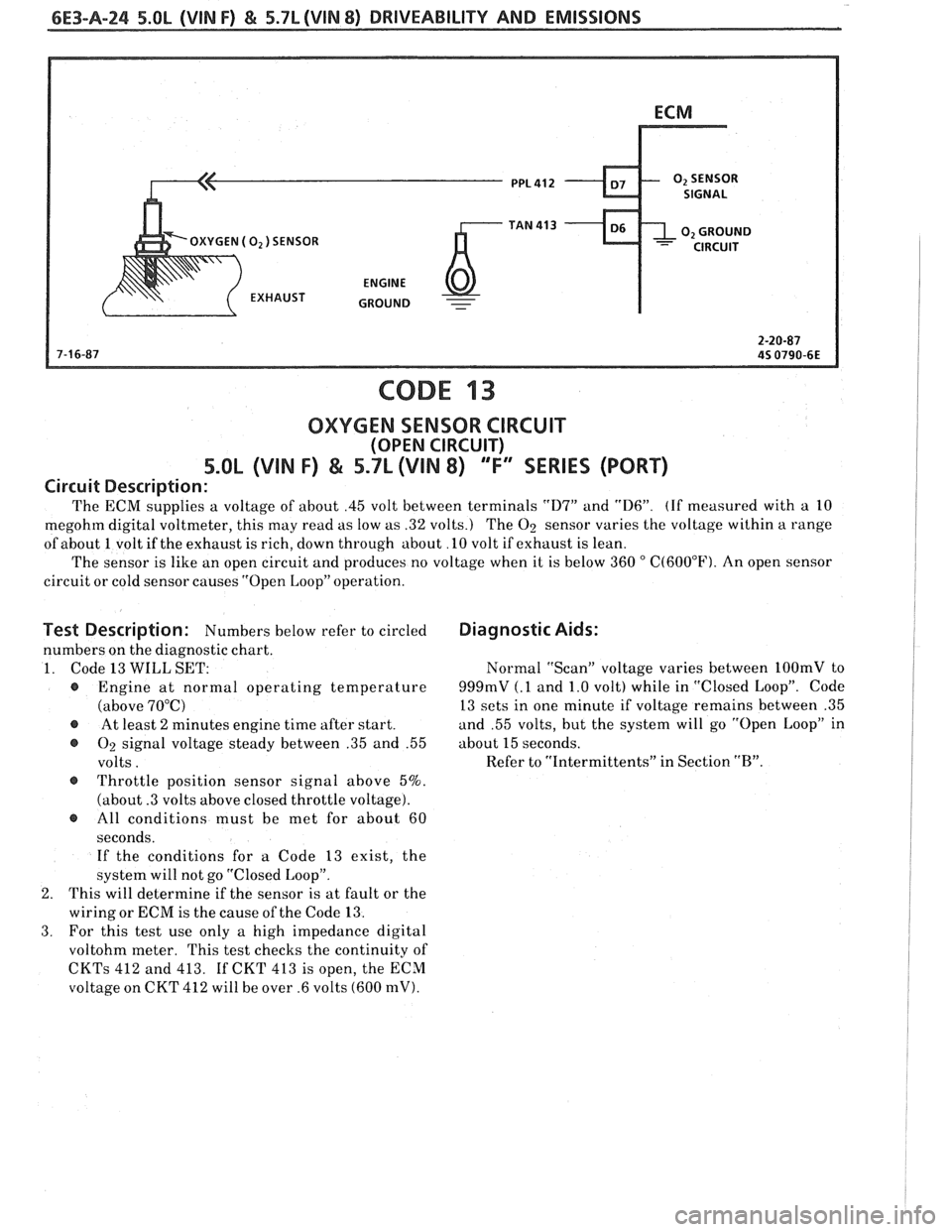 PONTIAC FIERO 1988  Service Repair Manual 
6E3-A-24 5.OL (VIN F) & 5.71 (VIN 8) DRIVEABILITY AND EMISSIONS 
OXYGEN ( 02) SENSOR 
CODE 13 
OXYGEN SENSOR  CIRCUIT 
(OPEN CIRCUIT) 
5.OL (VIN F) & 5.7L (VIN 8) T" SERIES (PORT) 
Circuit  Descript