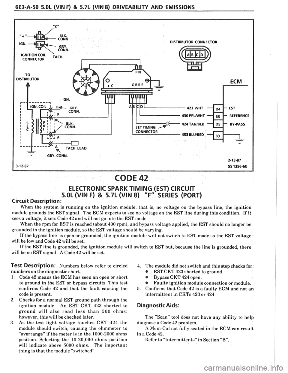 PONTIAC FIERO 1988  Service Repair Manual 
6E3-A-50 5.OL (VIN F) & 5.7L (VIN 8) DRI\/EABILITY AND EMISSIONS 
430 PPUWHT 
424 TANIBLK 
CODE 42 
ELECTRONIC  SPARK "TIMING  (EST) CIRCUIT 
5.011, (VIN F) & 5.7L (VIN 8) ""FYESERIES (PORT) 
Circuit