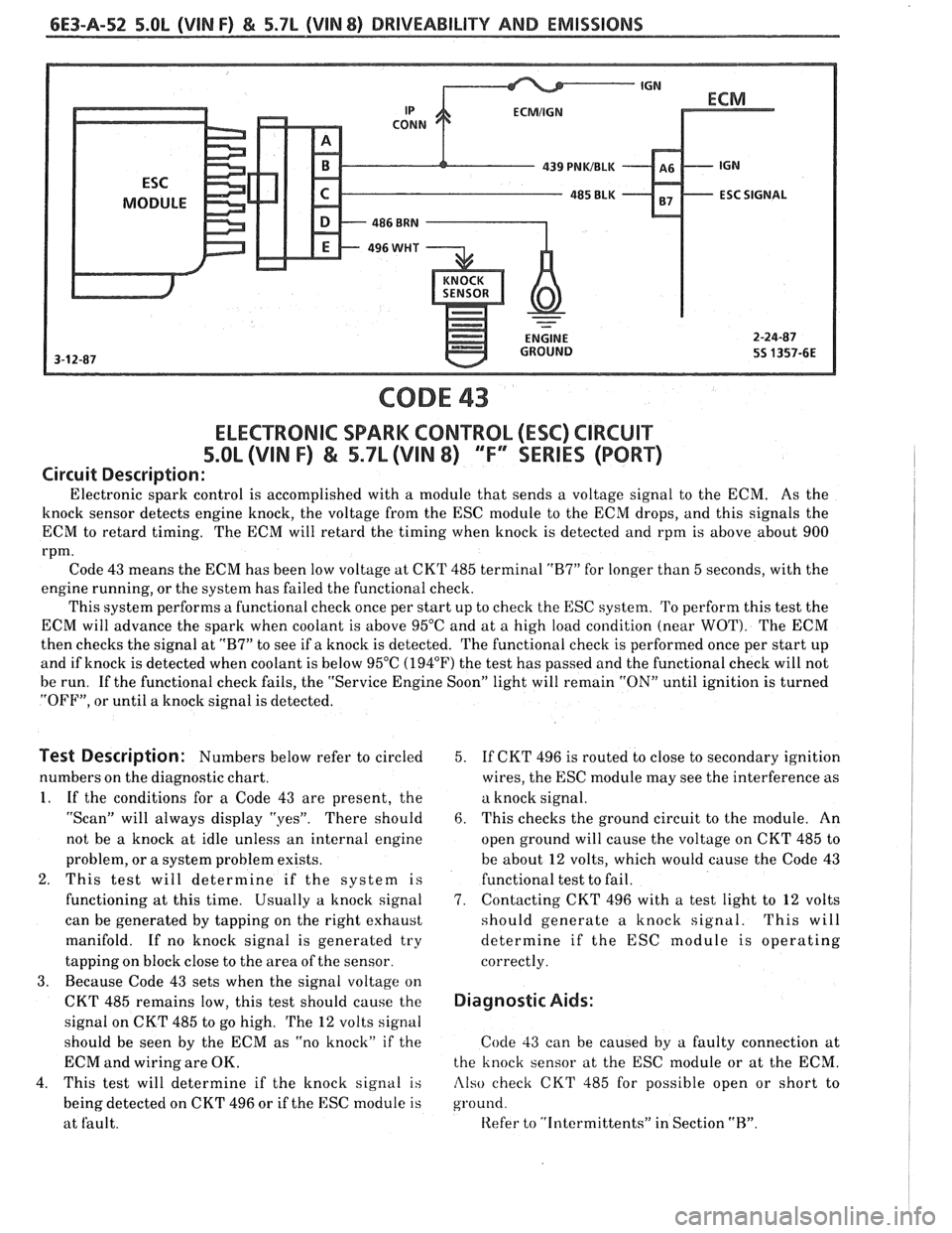 PONTIAC FIERO 1988  Service Repair Manual 
6E3-A-52 5.OL (VIN F) & 5.7L (VIN 8) DRIVEABILITY AND EMISSIONS 
CODE 43 
ELECTRONIC SPARK CONTROL (ESC) ClRCUlT 
5.OL (VIN F) & 5.7L (VIN 8) TF" SERIES (PORT) 
Circuit Description: 
Electronic spar