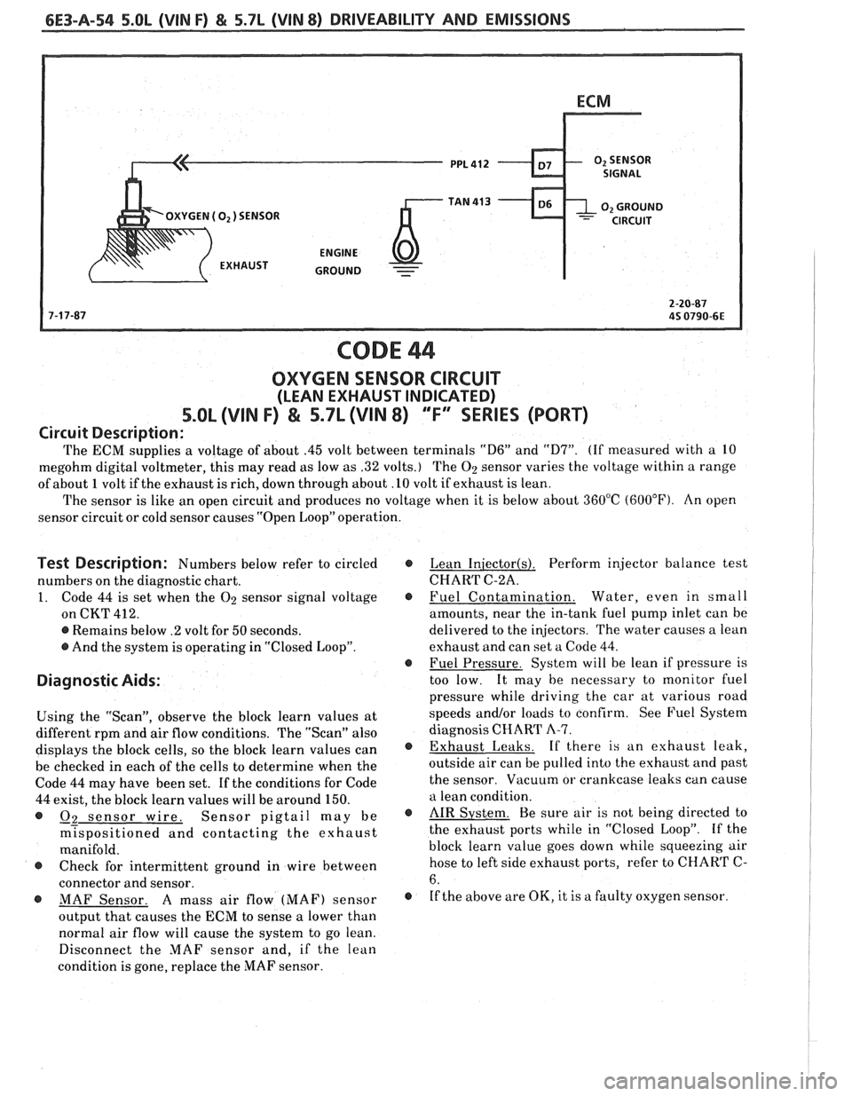 PONTIAC FIERO 1988  Service Repair Manual 
6E3-A-54 5.OL (VIN F) & 5.7L (VIN 8) DRIVEABILITY AND EMISSIONS 
OXYGEN ( O2 ) SENSOR 
CODE 44 
OXYGEN  SENSOR CIRCUIT 
(LEAN  EXHAUST  INDICATED) 
5.OL (VIN F) & 5.7L (VIN 8) "F" "SERIES (PORT) 
Ci