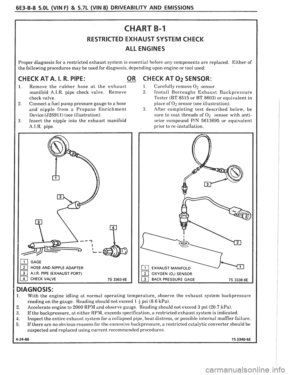 PONTIAC FIERO 1988  Service Repair Manual 
6E3-B-8 5.OL (VIN F) & 5.7L (VIN 8) DRIVEABILITY AND EMISSIONS 
RESTRICTED EXHAUST SYSTEM CHECK 
ALL ENGINES 
Proper diagnosis  for a restricted  exhaust system  is essential  before any components  