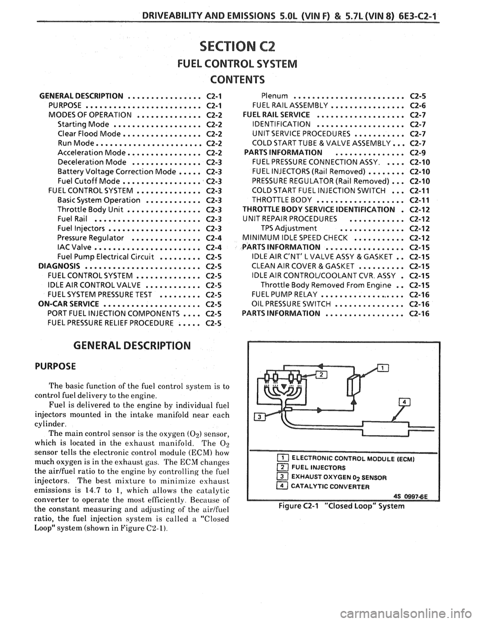 PONTIAC FIERO 1988  Service Repair Manual 
DRIVEABILITY AND EMISSIONS 5.OL (VIN F) & 5.7L (VIN 8) 6E3-C2-1 
SECTION C2 
FUEL CONTROL SYSEENI 
CONTENTS 
GENERAL  DESCRIPTION . . . . . . . . . . . . . . . . C2-1 
PURPOSE .......................