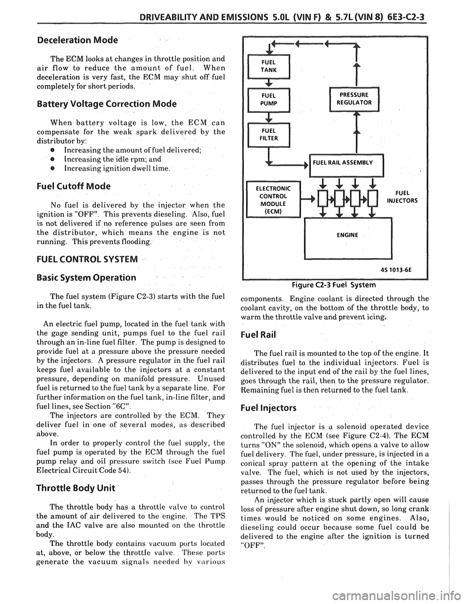 PONTIAC FIERO 1988  Service Repair Manual 
DRIVEABILITY AND EMISSIONS 5.OL (VIN F) & 5.7L (VIN 8) 6E3-CZ-3 
Deceleration  Mode 
The ECM looks at changes  in throttle  position  and 
air  flow  to  reduce the amount  of fuel.  When 
decelerati